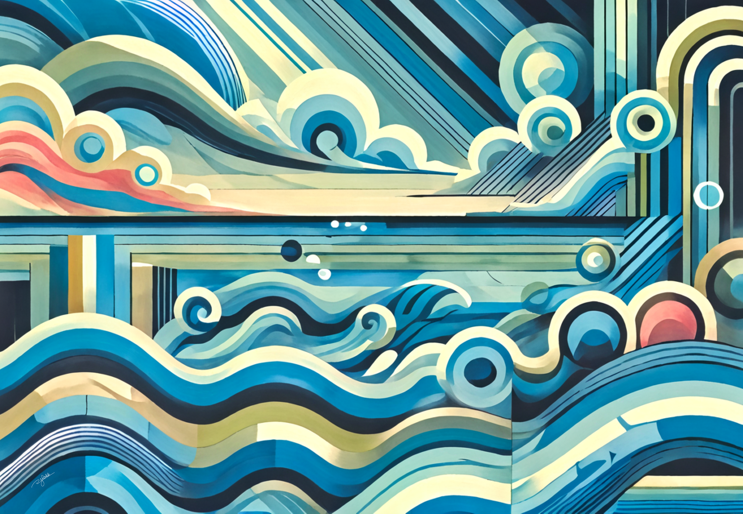 Title: Seascape Symphony
Description: A boundless ocean stretches to the horizon, its rhythmic waves sculpted into a geometric masterpiece of cresting blues and foamy whites. Sunlight scatters across the water’s surface, forming a mes