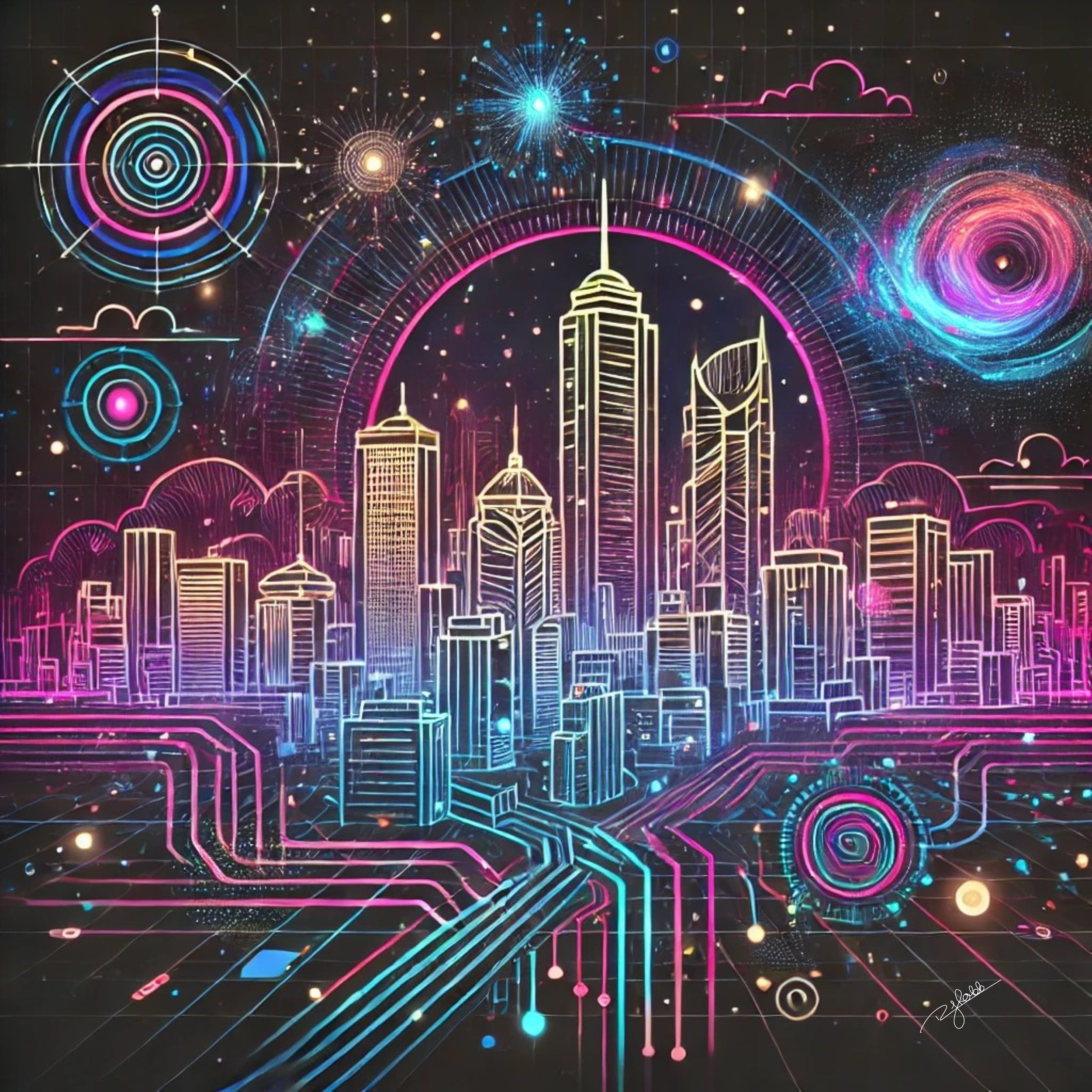 Title: Nebula Nairobi
Description: Nairobi rises beneath a cosmic nebula, its skyline glowing with a celestial vibrancy that echoes the boundless energy of its people. The city’s towers gleam with cybernetic veins of gold, their peaks