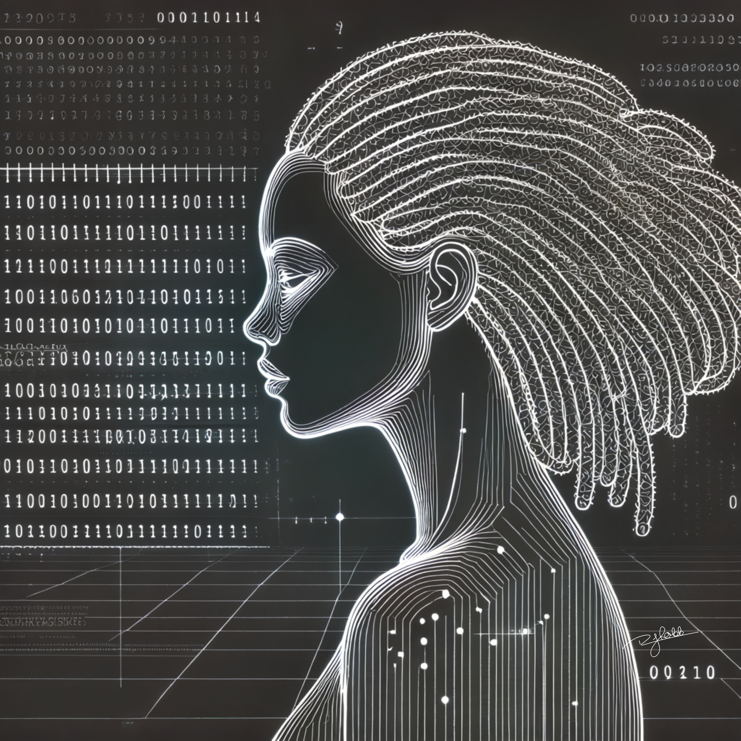 Title: Binary Locs
Description: A perfect fusion of natural and digital, Binary Locs pulse with luminous data streams, each strand encoding the history and future of Black hair. They are the connective threads between reality and sim