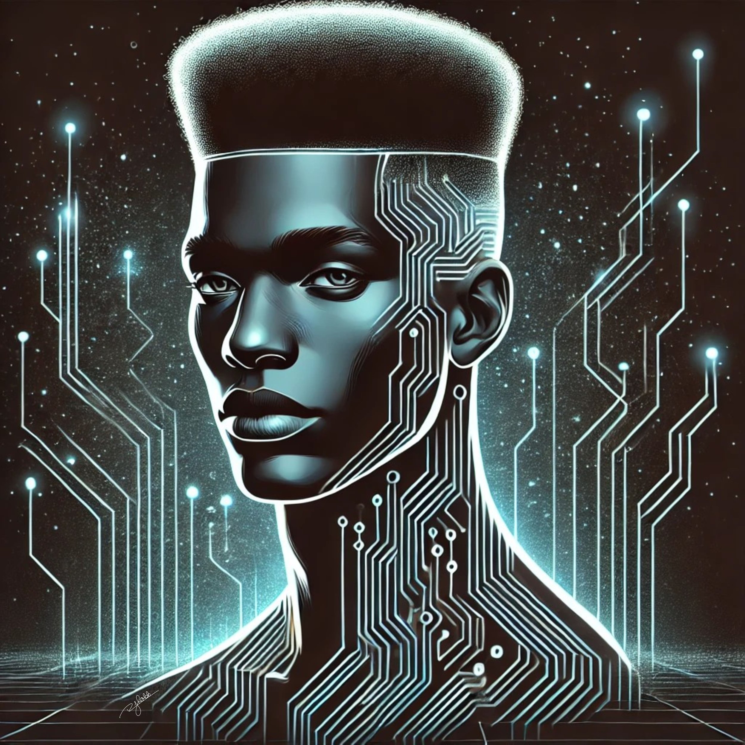 Title: Cyber Sentinel
Description: A structured high-top fade enhanced by neon-blue circuits running along the scalp like a digital blueprint. The precision of the design gives the impression of an advanced neural network. This piece