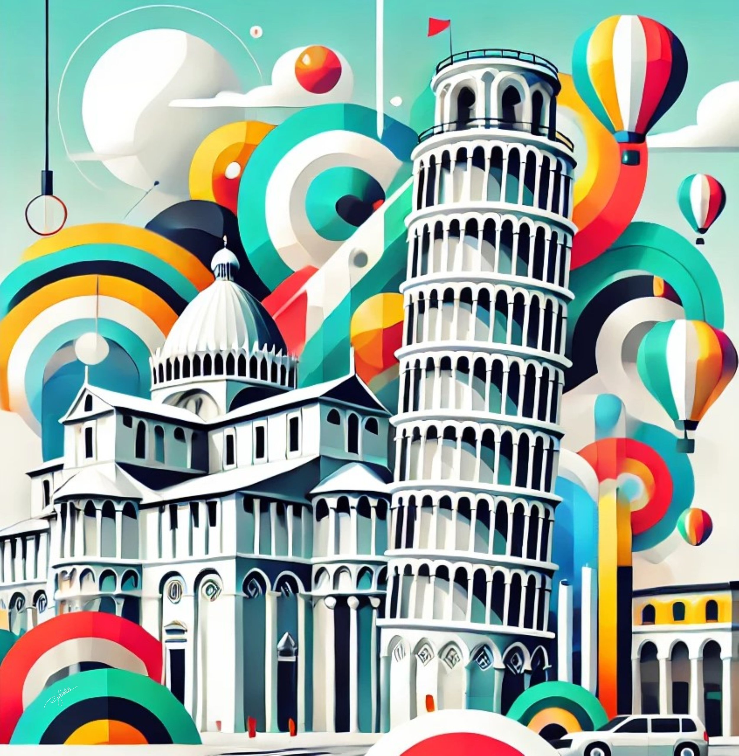 Title: Leaning Tower Luminance
Description: A gravity-defying landmark reborn in vivid neon brilliance, Leaning Tower Luminance showcases Pisa’s famous tilt through dynamic, glowing symmetry.