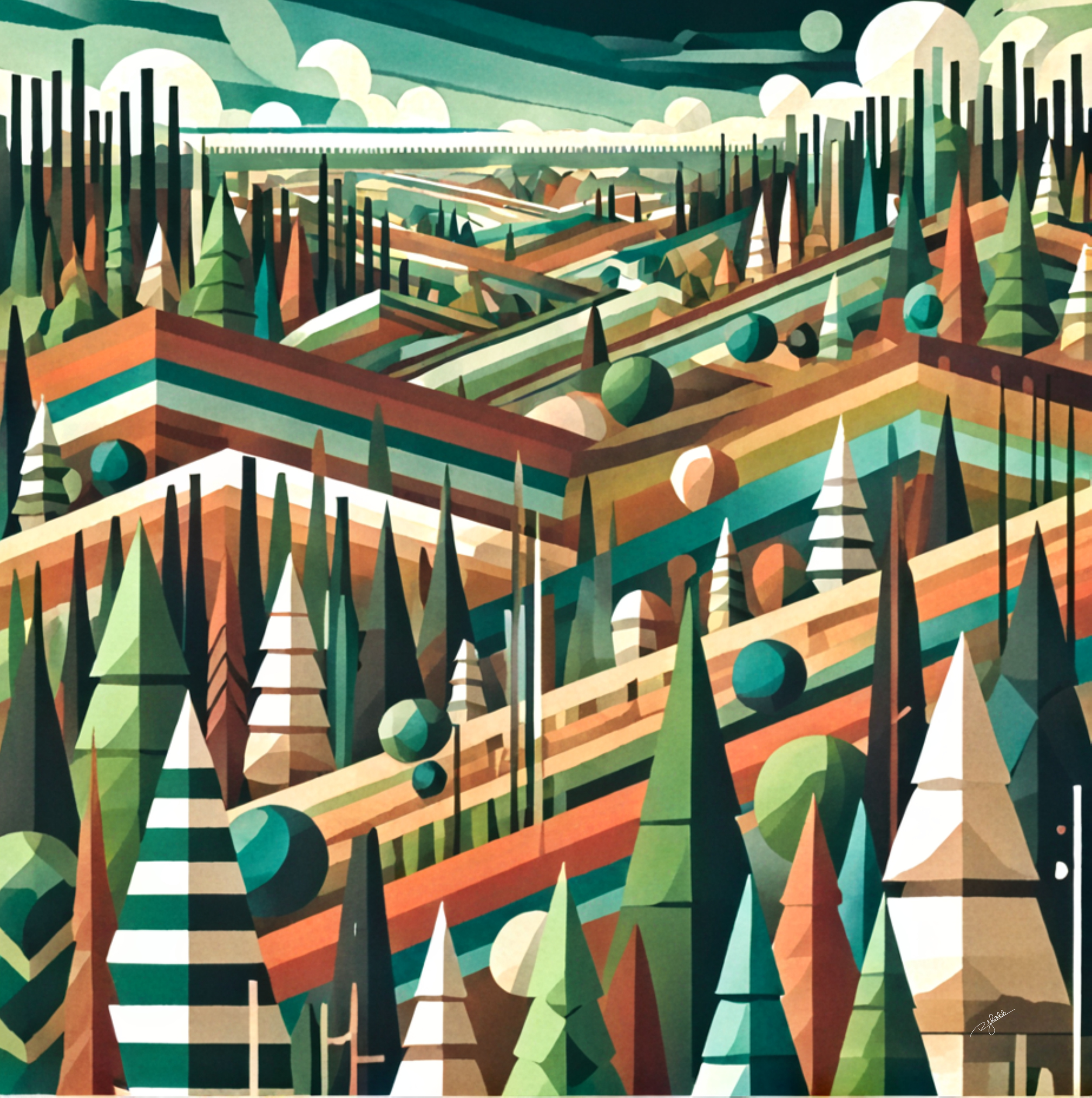 Title: Taiga Tones
Description: A vast evergreen forest unfolds in an intricate display of towering pines, golden undergrowth, and distant misty peaks. This landscape pulses with a sense of ancient endurance, where nature thrives in a