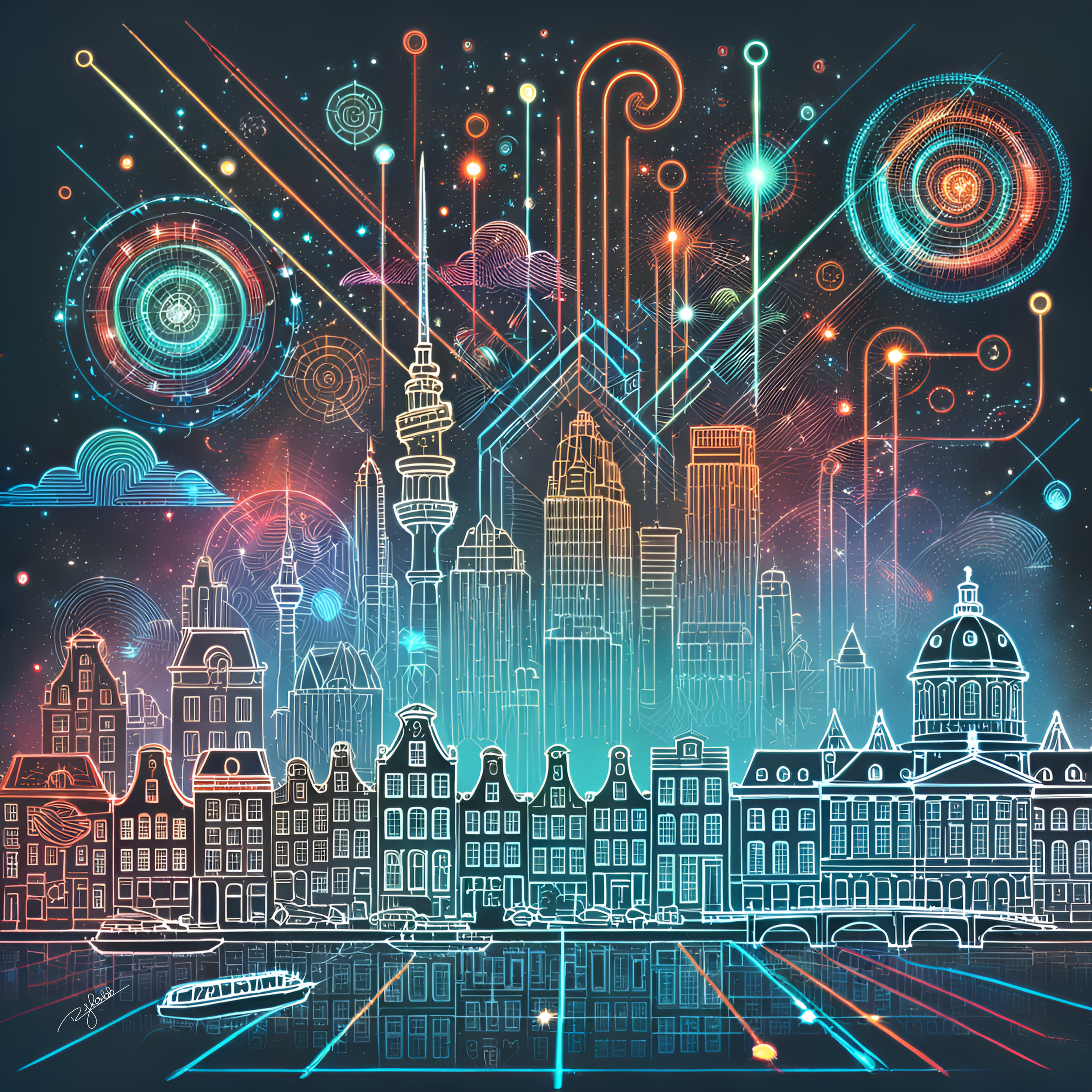 Title: Astro Amsterdam
Description: Amsterdam’s canals flow like rivers of stardust, illuminated by floating neon orbs that dance through the city’s night sky. The traditional gabled houses flicker with holographic overlays, their fac