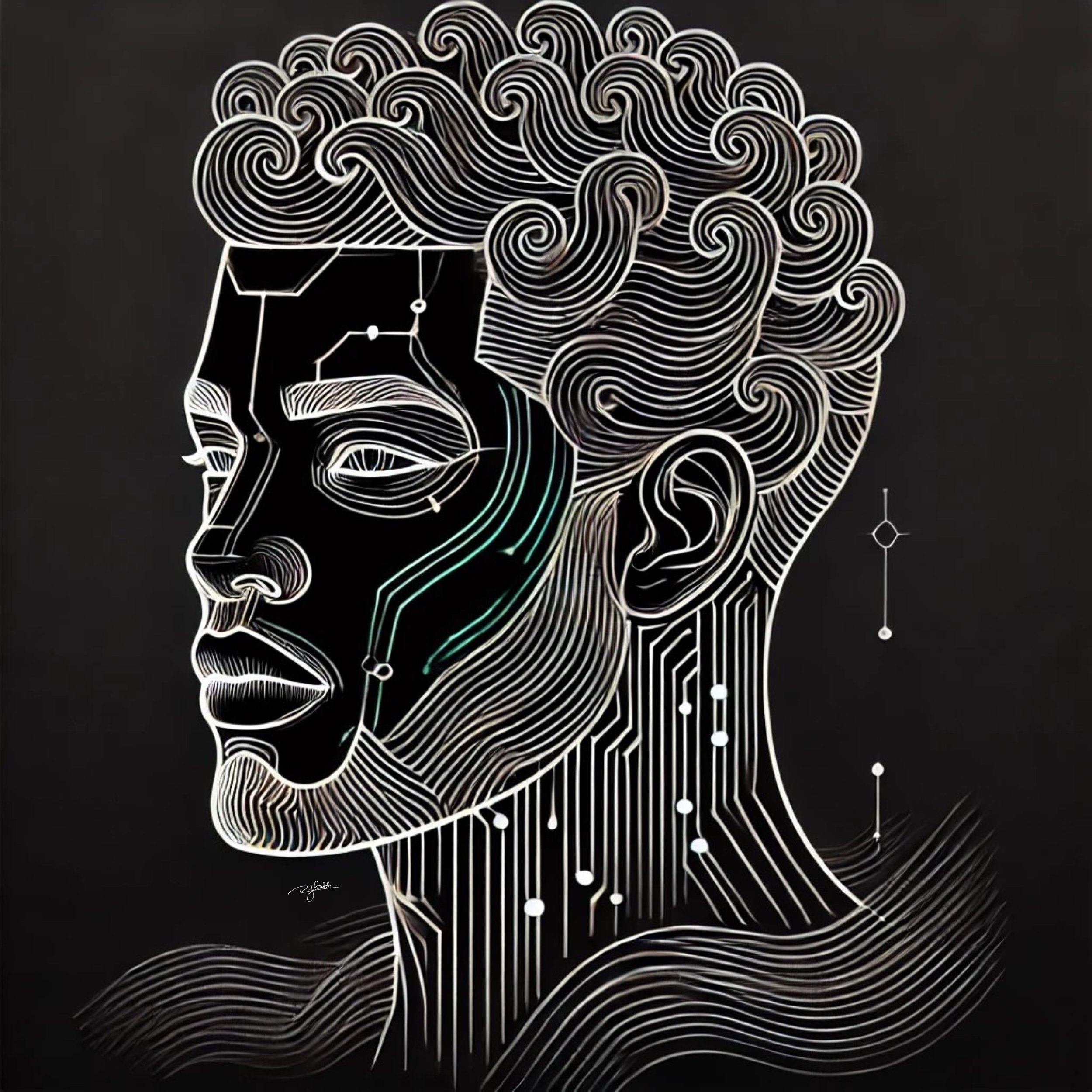 Title: Virtual Waves
Description: A dynamic fusion of textured waves and cybernetic enhancements, this hairstyle appears as if coded directly into existence. The fine details of digital pathways woven into the curls symbolize connectivi