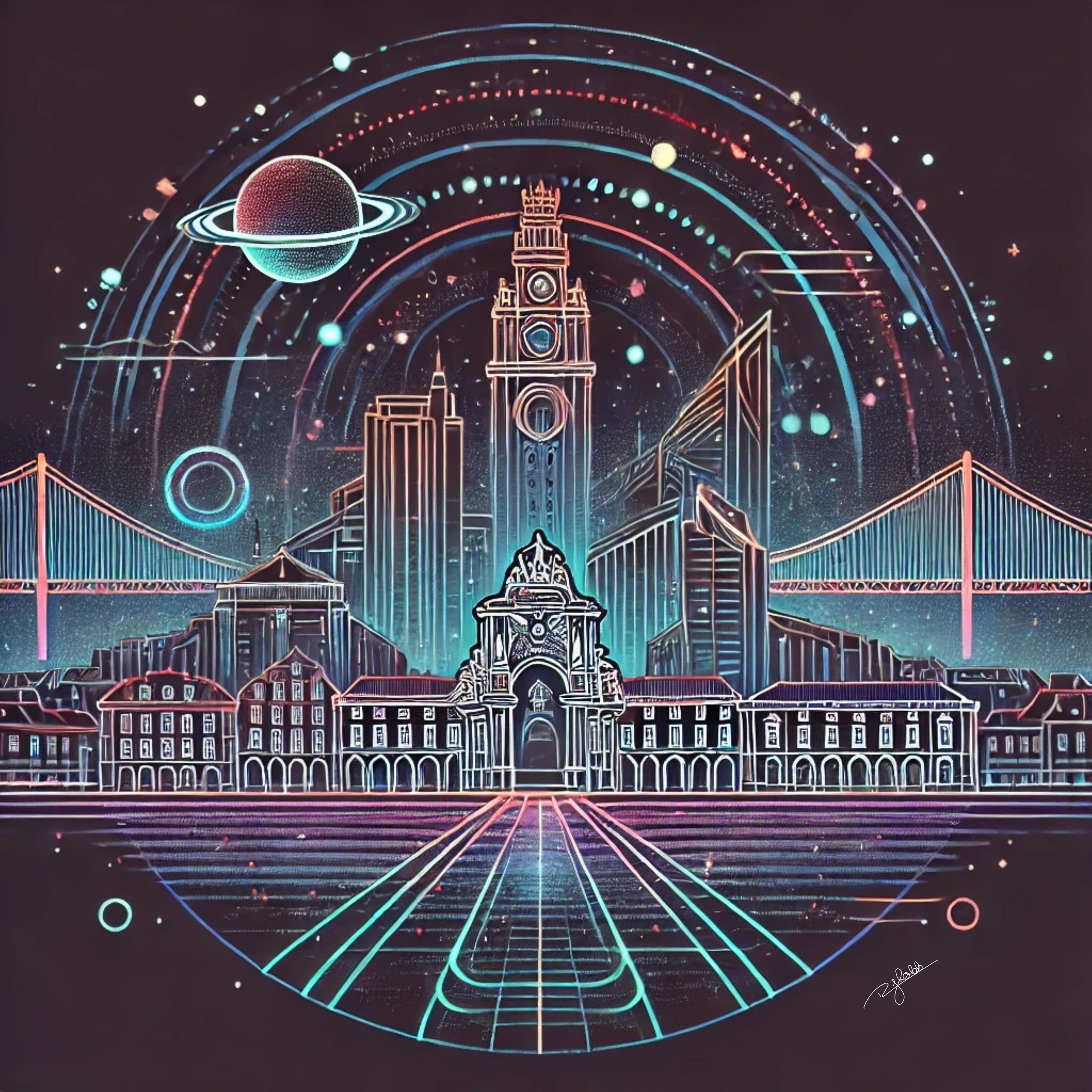 Title: Lunar Lisbon
Description: Lisbon’s cityscape is bathed in lunar luminescence, its ancient streets winding beneath the glow of a celestial skyline. The rooftops glisten with a surreal light, their tiled surfaces reflecting a fut
