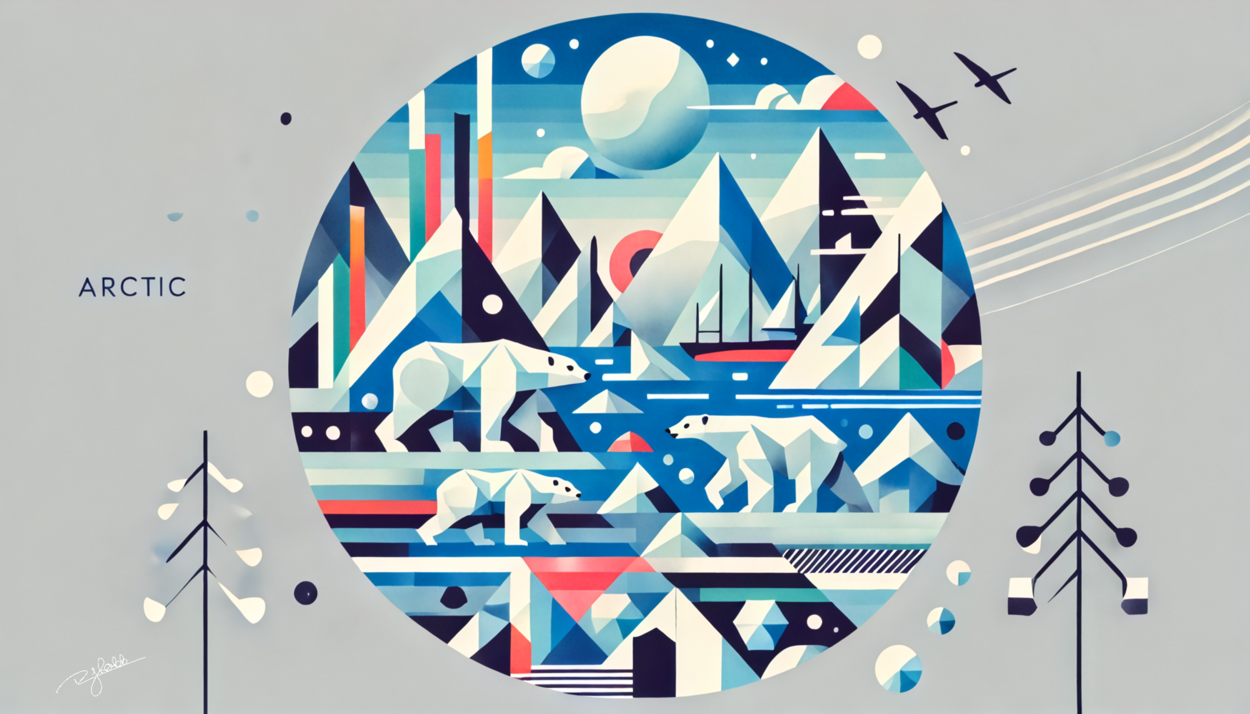 Title: Arctic Abstractions
Description: Glacial landscapes take on a mesmerizing geometric transformation, their icy expanses fractured into luminous shards of white and cobalt blue. Sharp, angular formations mimic the crystalline pur