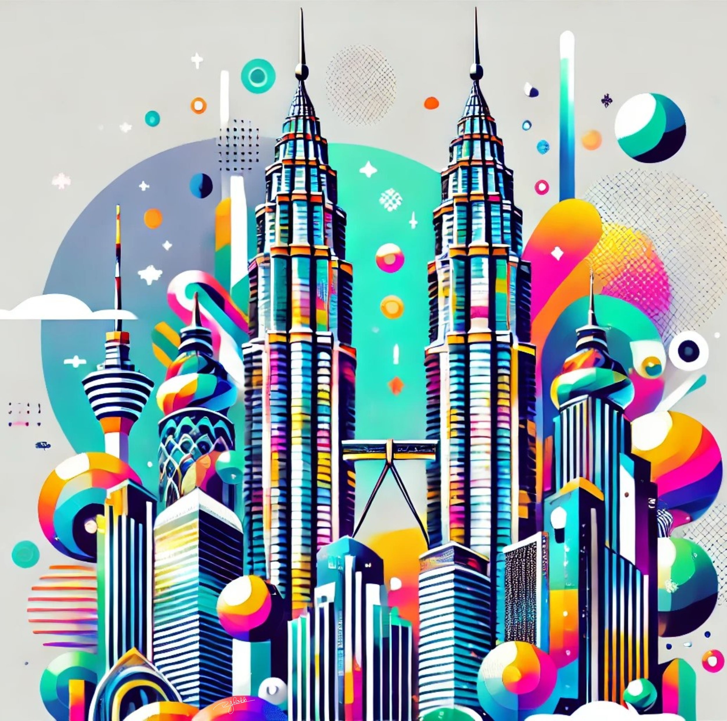 Title: Kuala Lumpur Kaleidoscope
Description: The Petronas Towers and city skyline glow in kaleidoscopic patterns in Kuala Lumpur Kaleidoscope, a celebration of innovation, diversity, and architectural elegance.