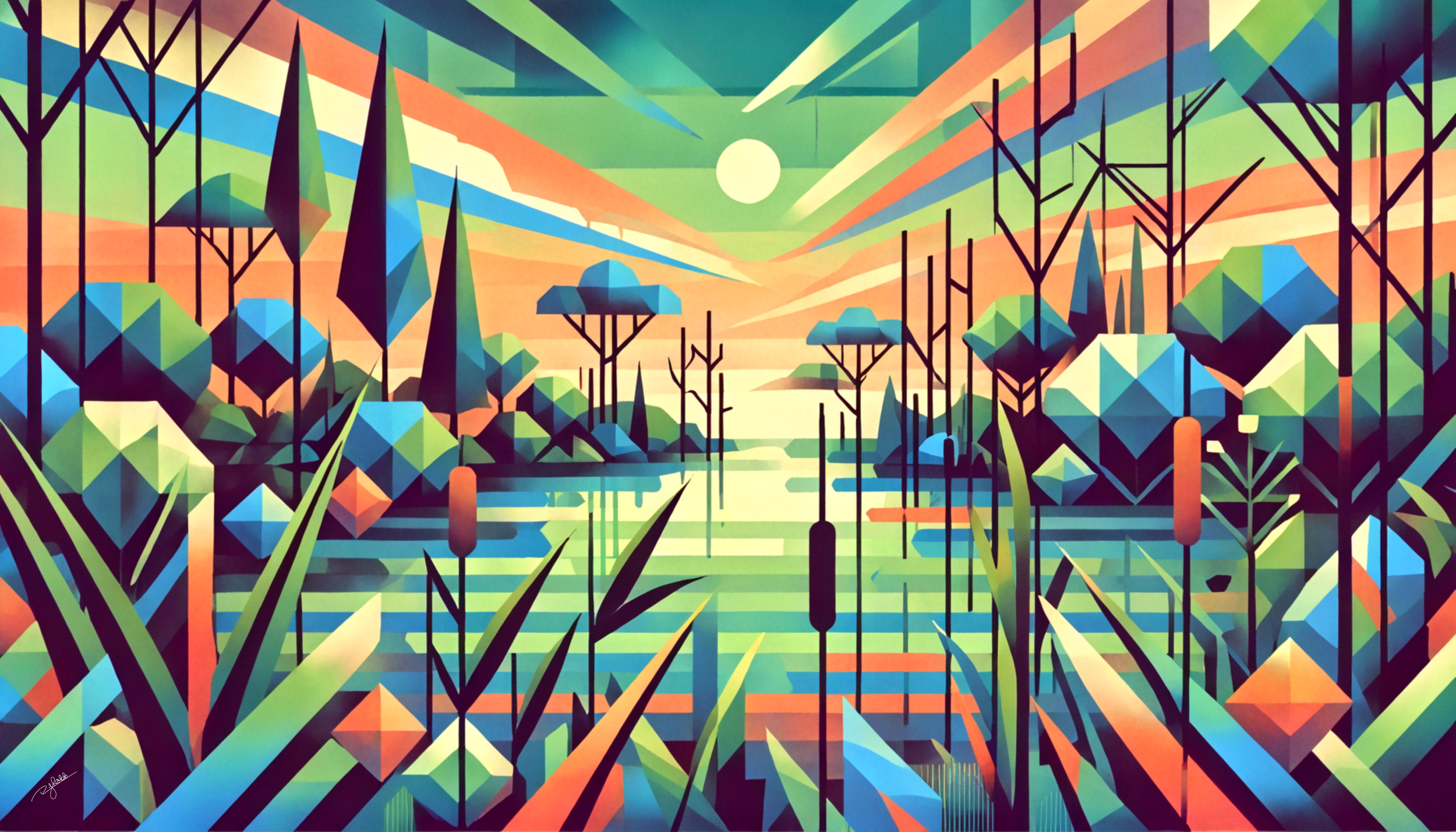 Title: Swamp Spectrum
Description: Mystical wetlands come alive in a dreamlike fusion of tangled roots, emerald waters, and dappled sunlight. The swamp’s stillness is deceptive, hiding a world teeming with life beneath its surface. Th