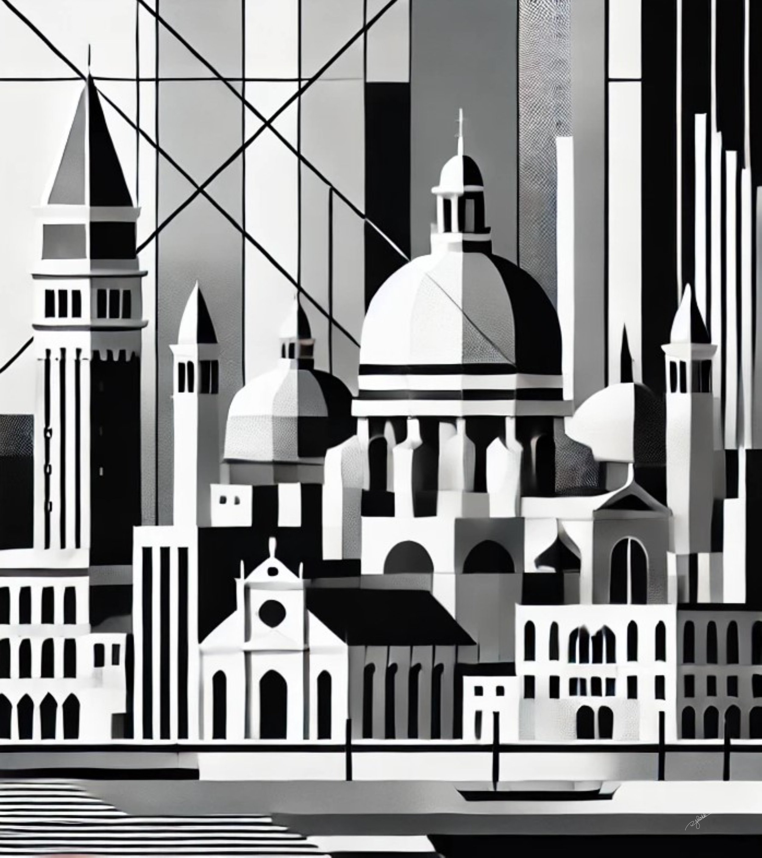 Title: Venetian Visions
Description: A city like no other, Venetian Visions captures the floating palaces and domes of Venice in a stunning grayscale mirage. The canals reflect the skyline, creating an illusion of a world suspended be