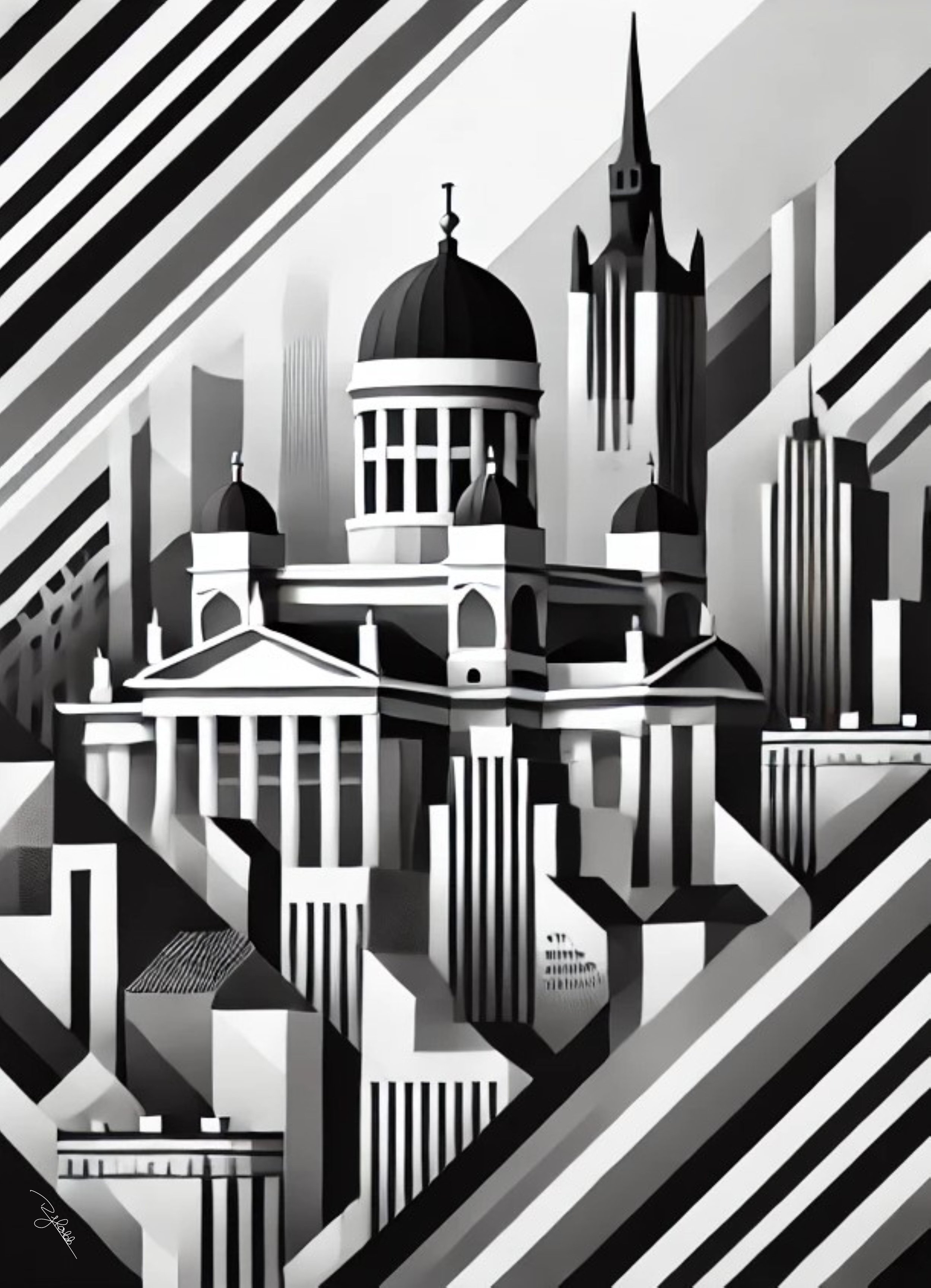 Title: Helsinki Harmony
Description: The clean lines of Scandinavian architecture shine in Helsinki Harmony, where neoclassical facades and contemporary structures coexist effortlessly. The stark contrast of dark water and white stone