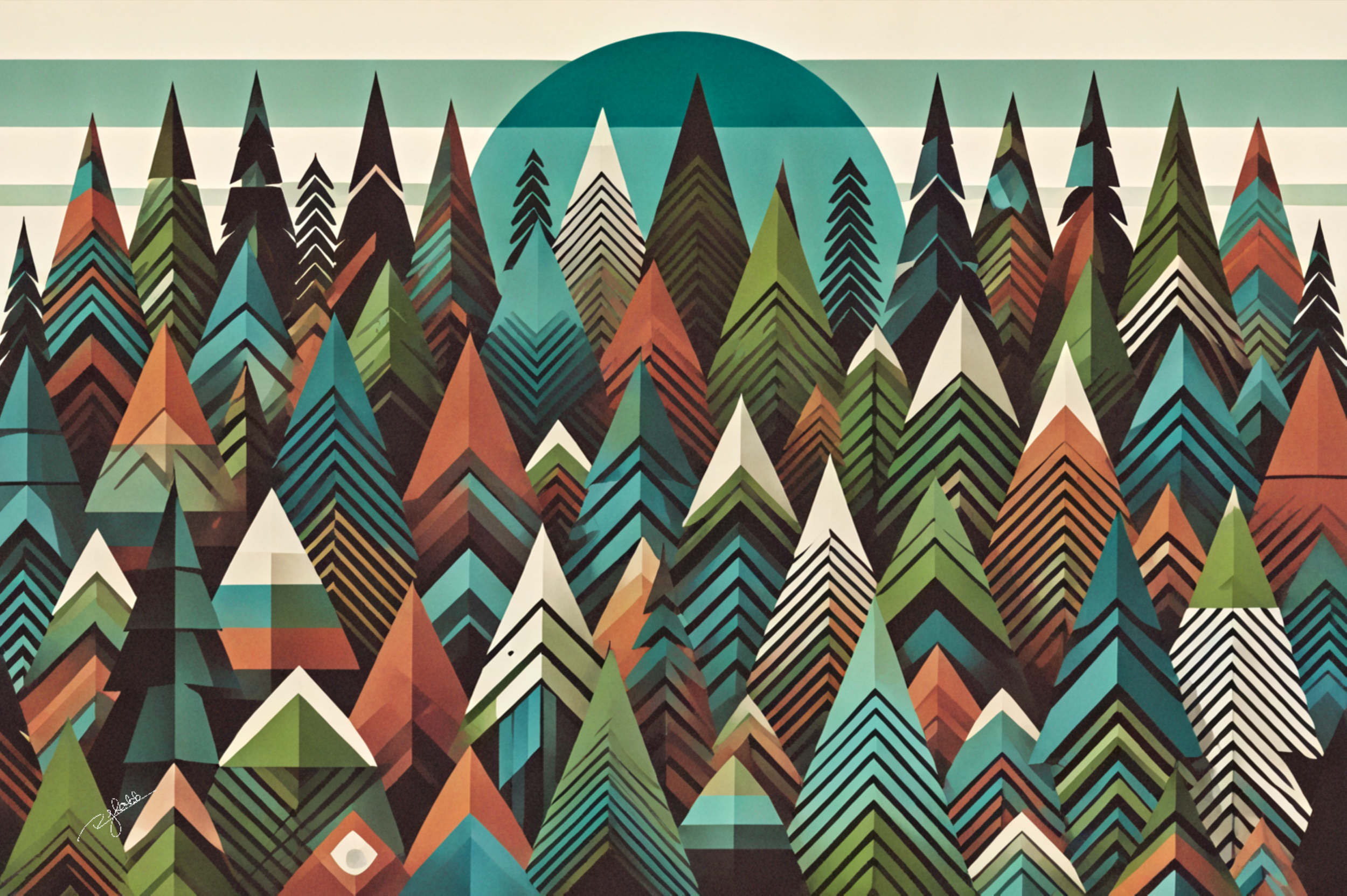 Title: Boreal Beauty
Description: Towering pines stretch toward the heavens, their geometric silhouettes bathed in an emerald glow, capturing the rhythm of the boreal wilderness. The dense forest pulses with a life force both ancient
