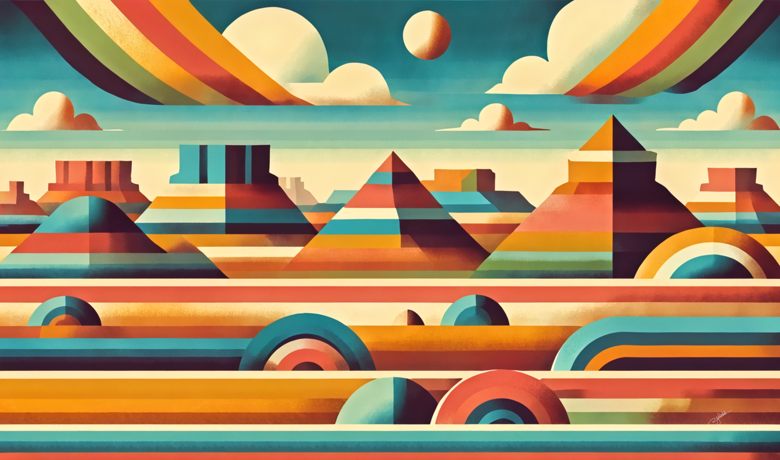 Title: Plateau Panorama
Description: A vast expanse unfolds where highland mesas meet the endless sky, their layered terraces etched in geometric precision. Sunlit canyons cut deep into the earth, creating a stark contrast between the