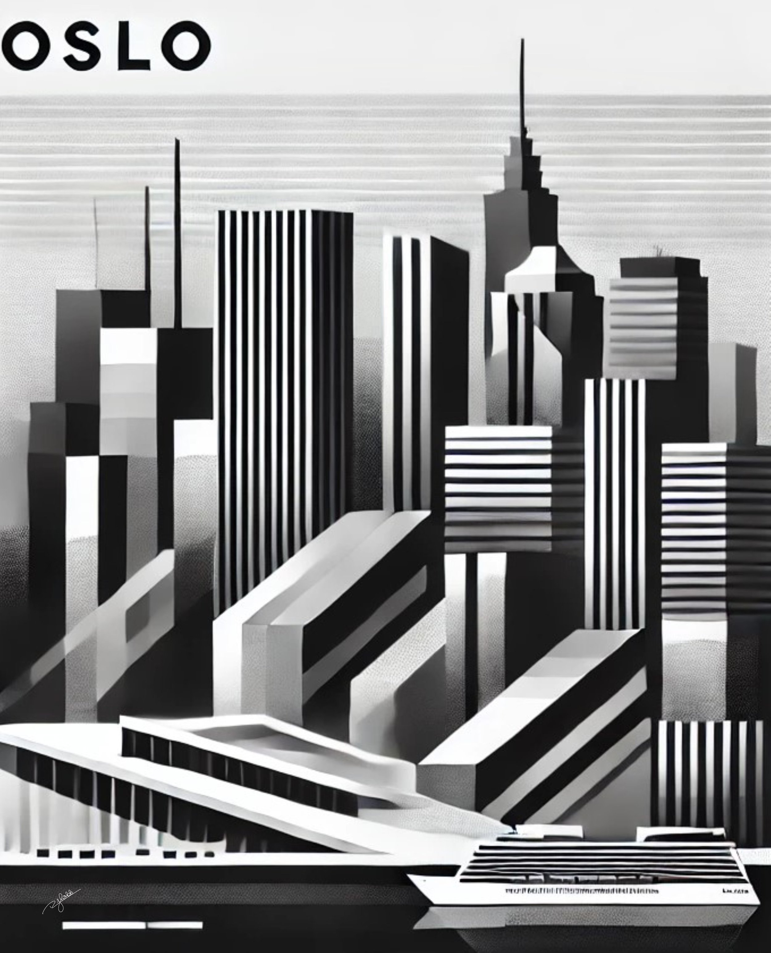 Title: Oslo Outline
Description: Minimalist and majestic, Oslo Outline showcases the crisp Nordic skyline with its sleek waterfront, modernist Opera House, and quiet grandeur. A study in Scandinavian simplicity and architectural poise