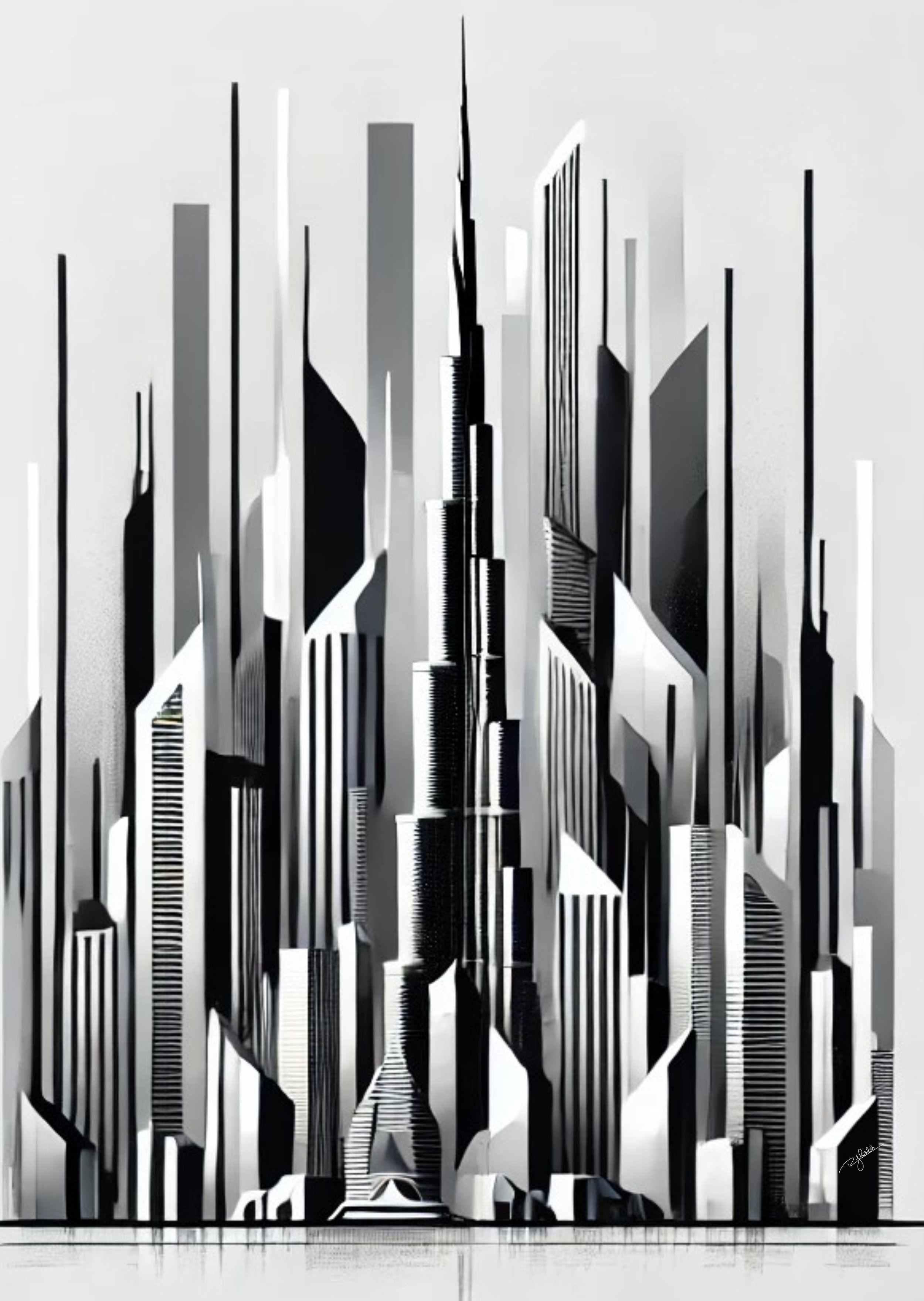 Title: Dubai Dimensions
Description: A city of unrelenting ambition, Dubai Dimensions presents the Burj Khalifa and surrounding skyline as a study in towering symmetry. The futuristic cityscape rises from the desert like a monochrome