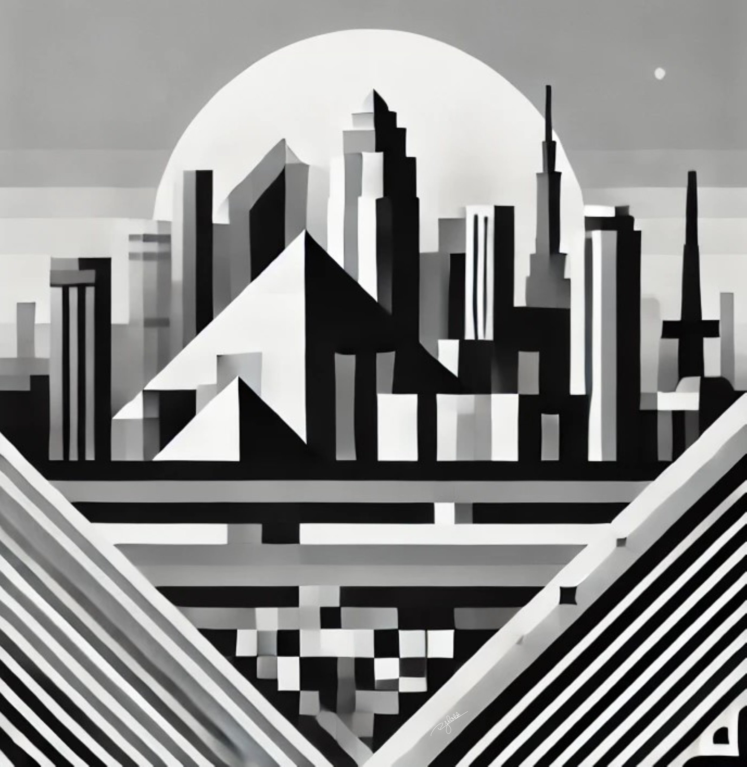 Title: Cairo Contrasts
Description: A city of two worlds, Cairo Contrasts places the timeless pyramids and minarets against the sharp rise of a modern metropolis. The grayscale composition accentuates Egypt’s seamless blend of ancient
