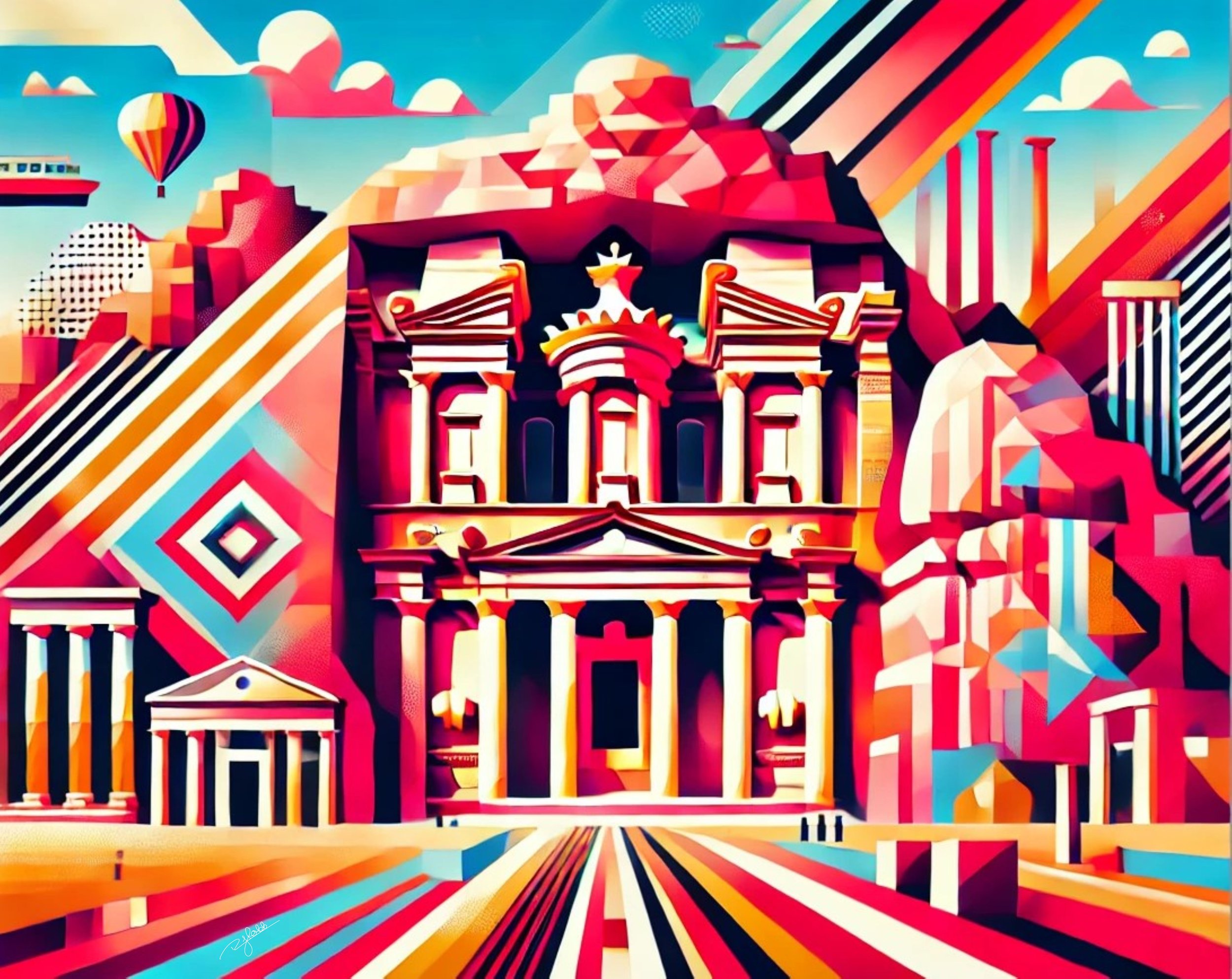 Title: Petra Prism
Description: The Rose City of Petra becomes a geometric masterpiece in Petra Prism, where the ancient sandstone facades burst into rich magentas, glowing ambers, and cool sapphire shadows. The Treasury’s intricate ca