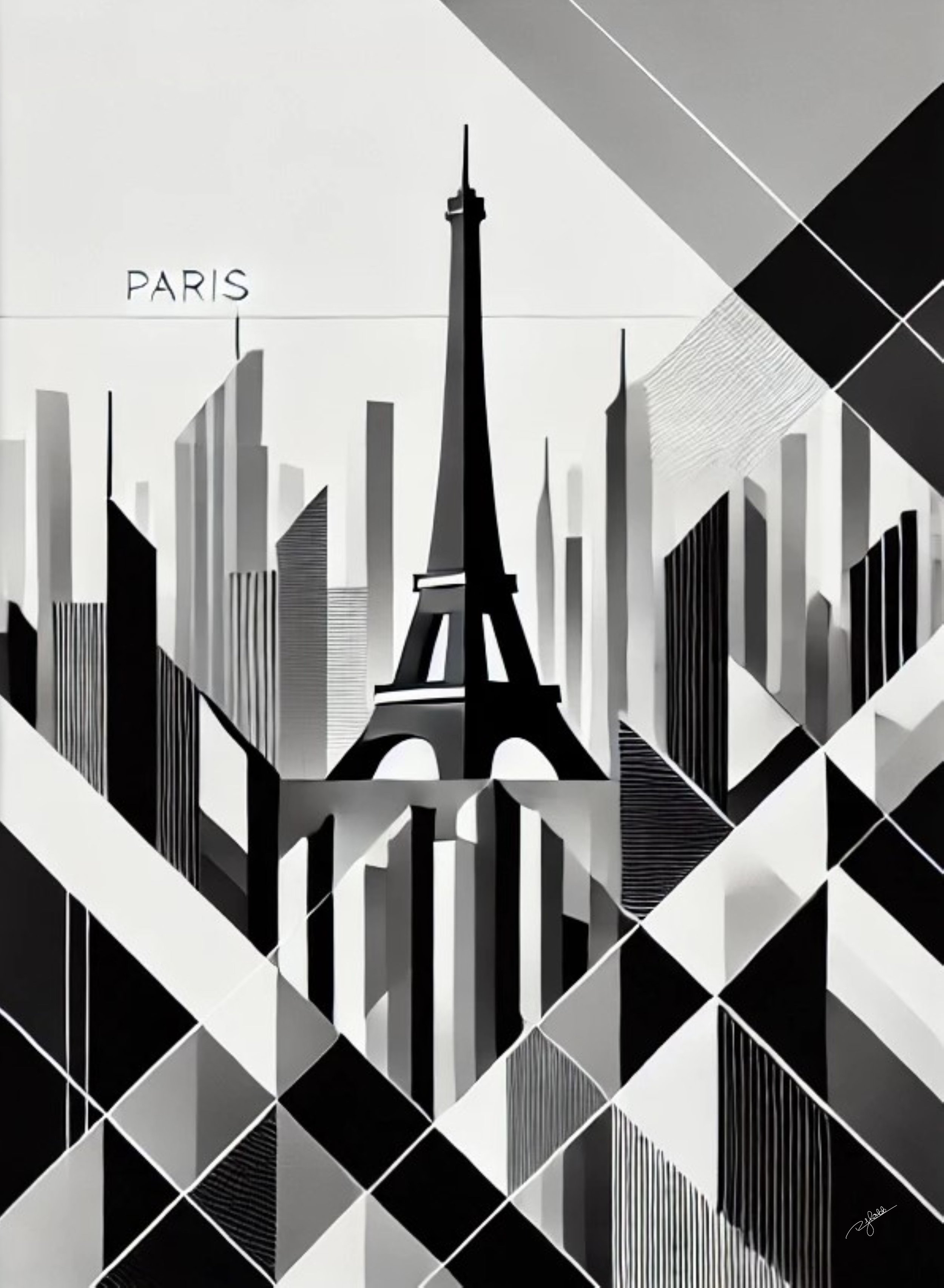 Title: Parisian Perspective
Description: Romantic yet resolute, Parisian Perspective reimagines the City of Light in bold black and white, highlighting its signature Haussmannian rooftops and the commanding Eiffel Tower. The grayscale