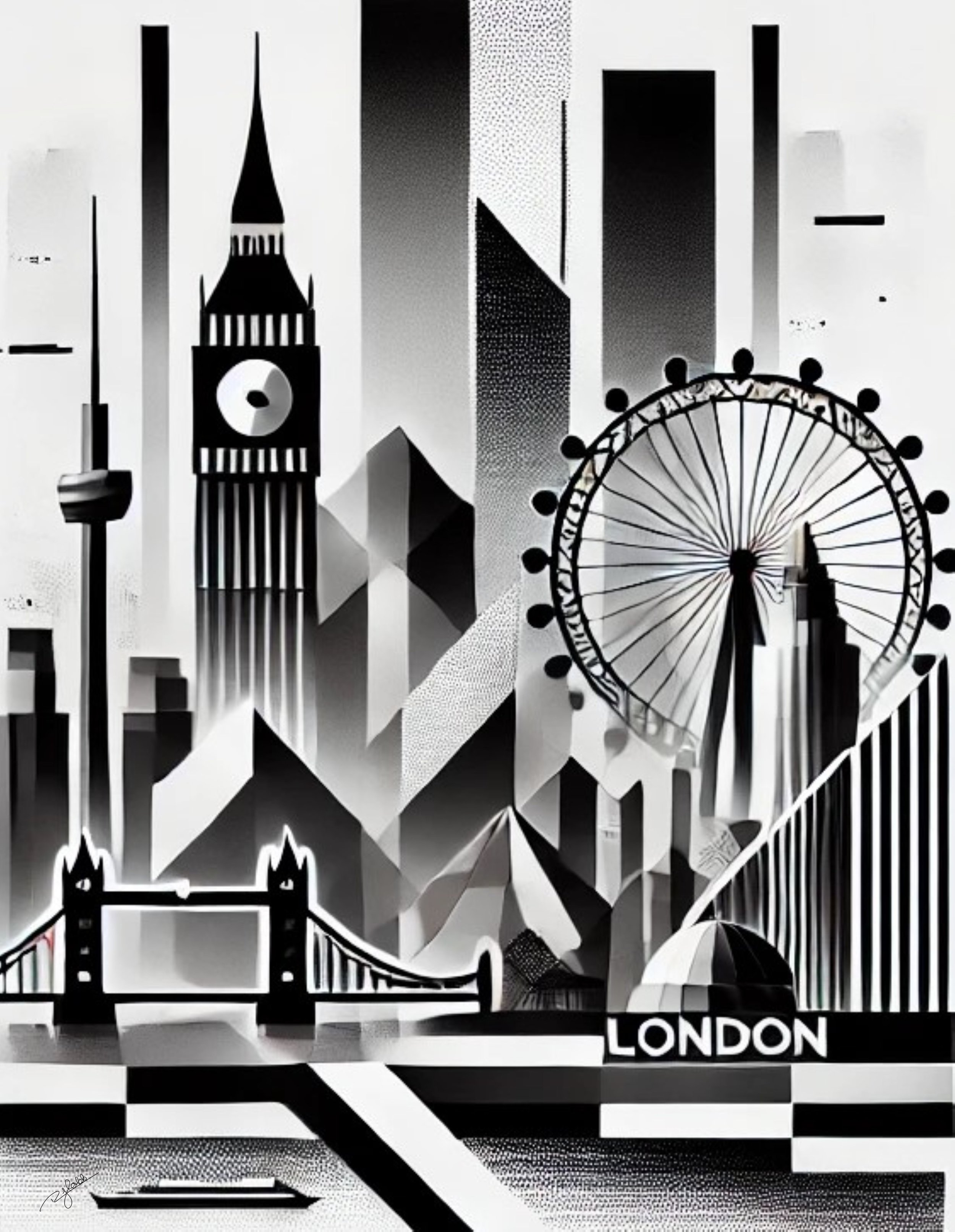 Title: London Layers
Description: From the historic towers of Westminster to the sleek glass of the Shard, London Layers builds an intricate skyline that captures the city’s ever-evolving spirit. In deep monochrome, the Thames weaves