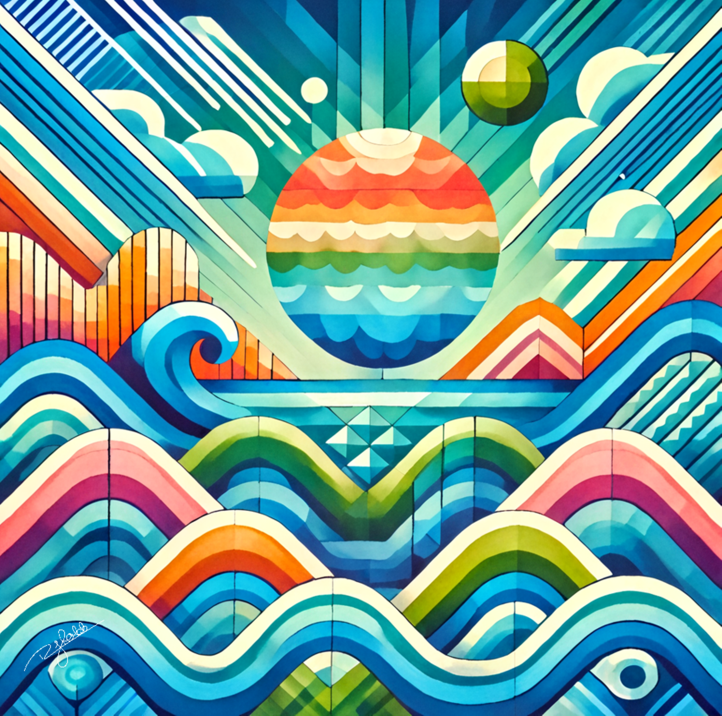 Title: Aqua Geometry
Description: The fluid poetry of water is reimagined in bold geometric precision, where rolling waves and rippling currents are transformed into a mesmerizing pattern of movement and symmetry. Deep blues crash ag