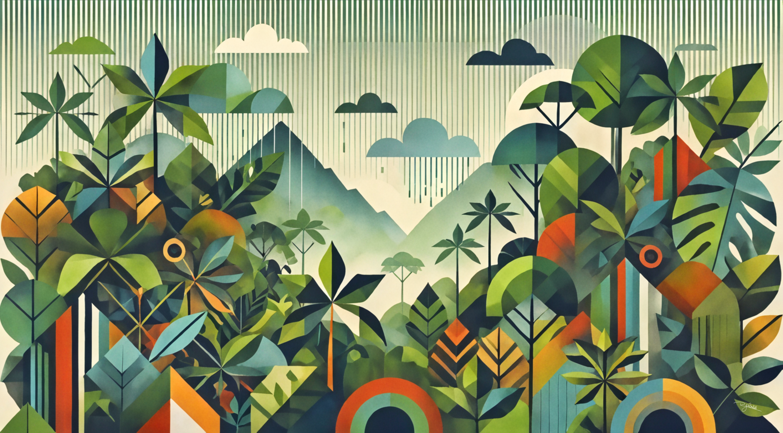 Title: Rainforest Reverie
Description: A lush, emerald world pulses with untamed energy, where every leaf, vine, and tree is a symphony of life woven into a geometric masterpiece. Dappled sunlight filters through the dense canopy, ill