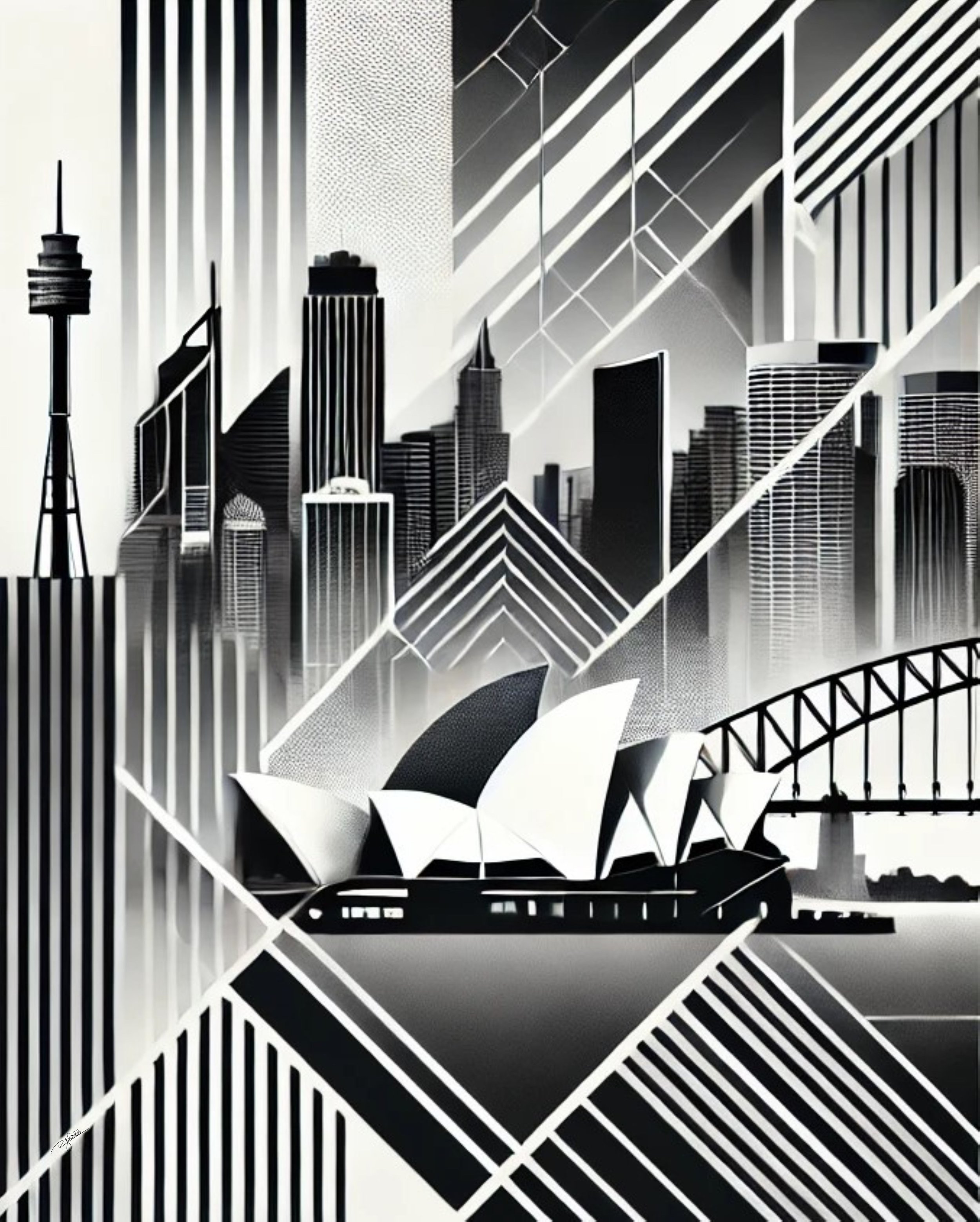 Title: Sydney Shapes
Description: The iconic sails of the Sydney Opera House take centre stage in Sydney Shapes, a monochrome tribute to Australia’s most breathtaking skyline. The Harbour Bridge arcs across the composition, uniting ar
