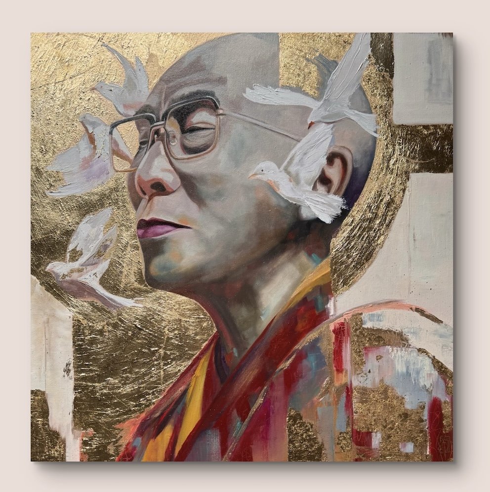 oil painting portrait Dalai lama, gold leaf, birds flying
