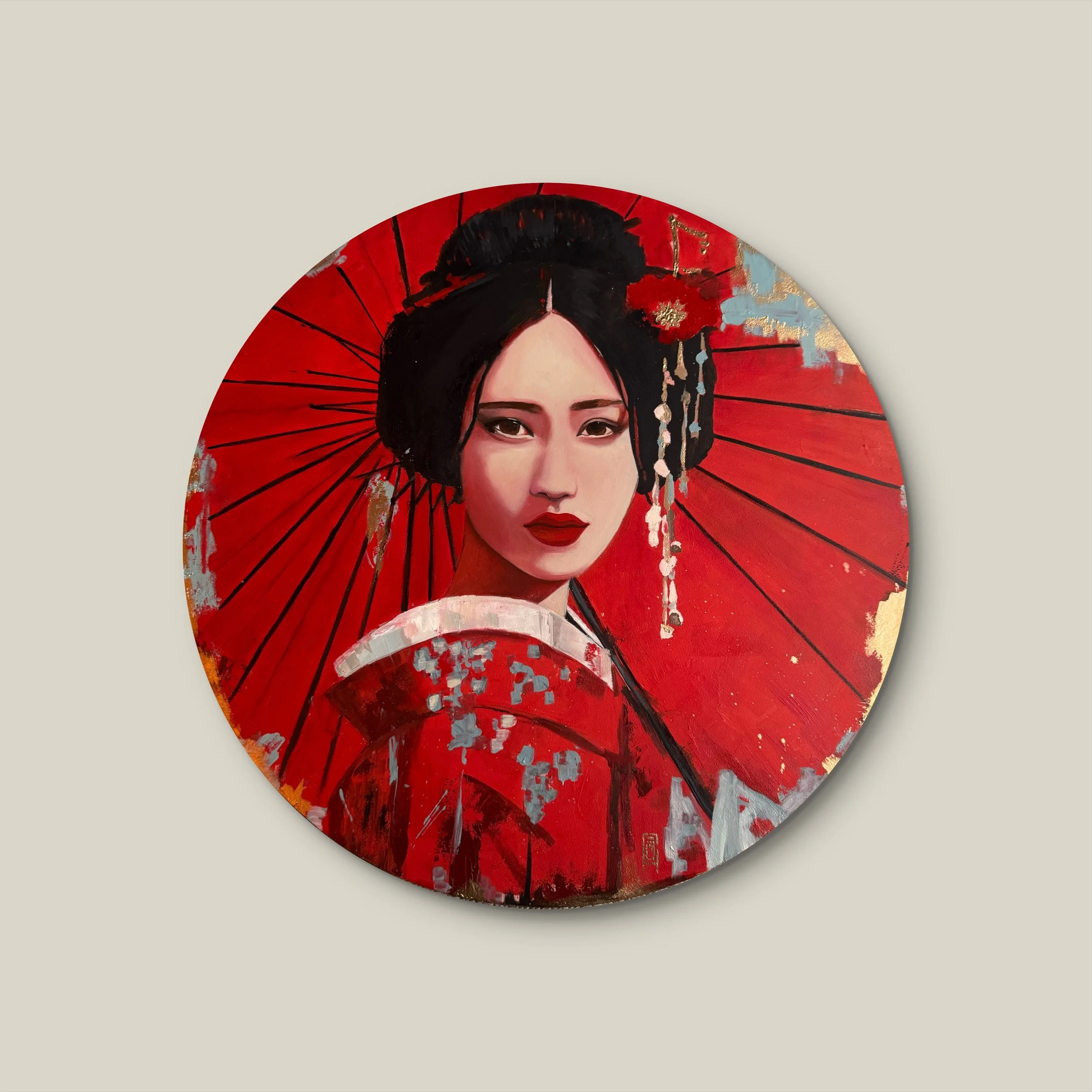 figurative oil painting of a geisha with red colours on a round wood panel