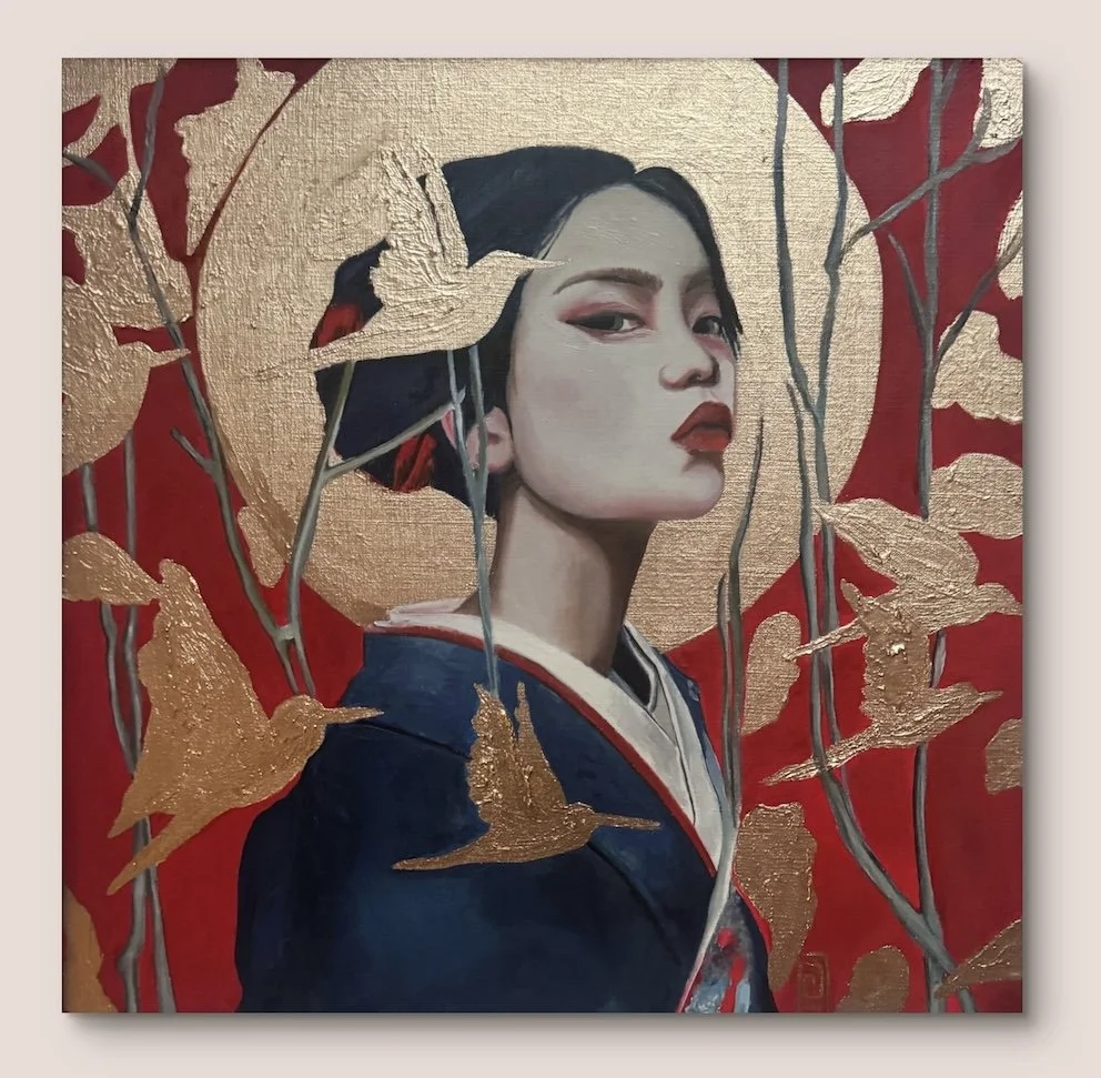 Impressionistic geisha  portrait with red background, golden painted birds and rising sun, contemporary cultural art