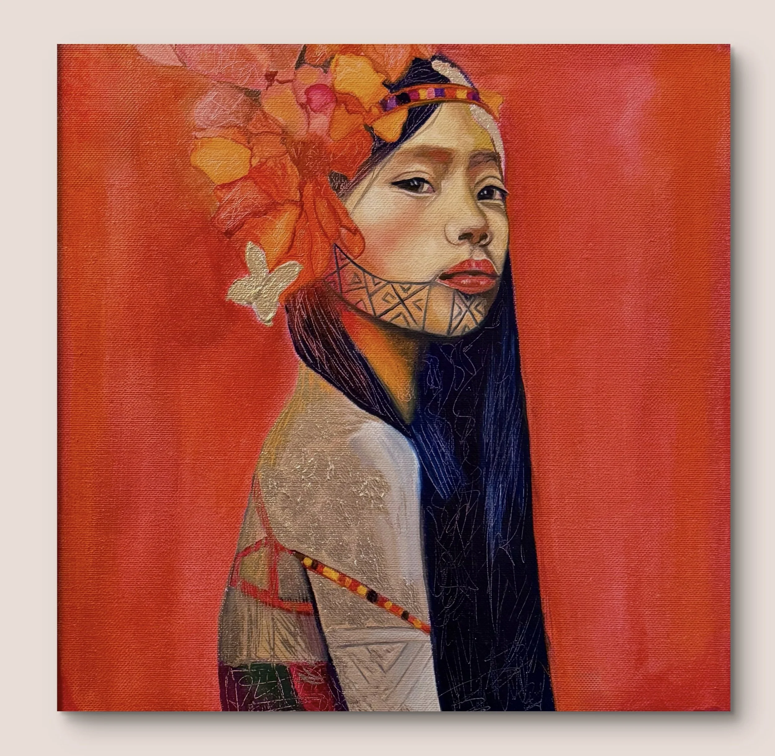 girl from embera culture, red background, cultural painting, tradition