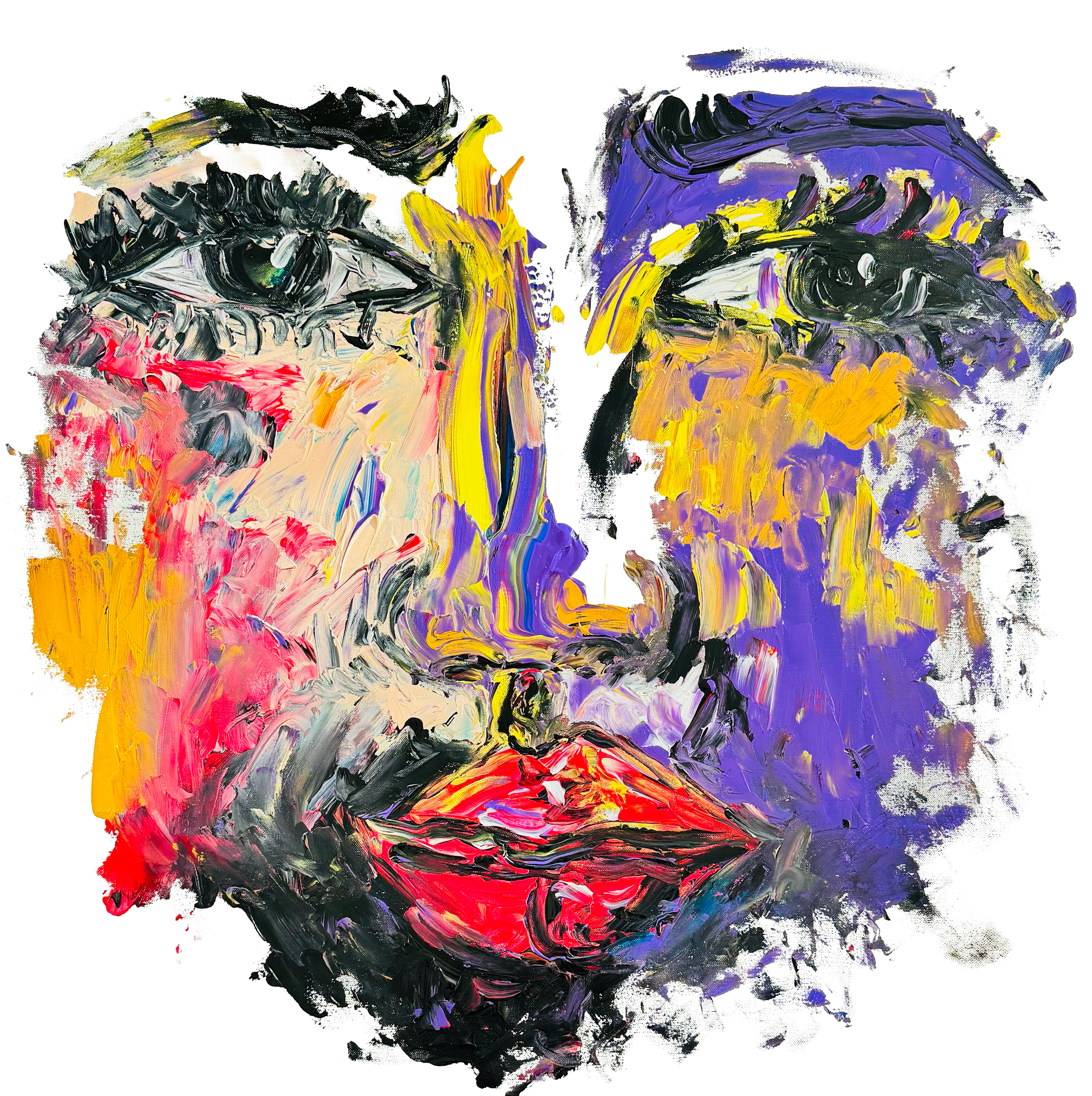 Ritratto astratto di una donna, con tratti di colore vivaci e pennellate energiche