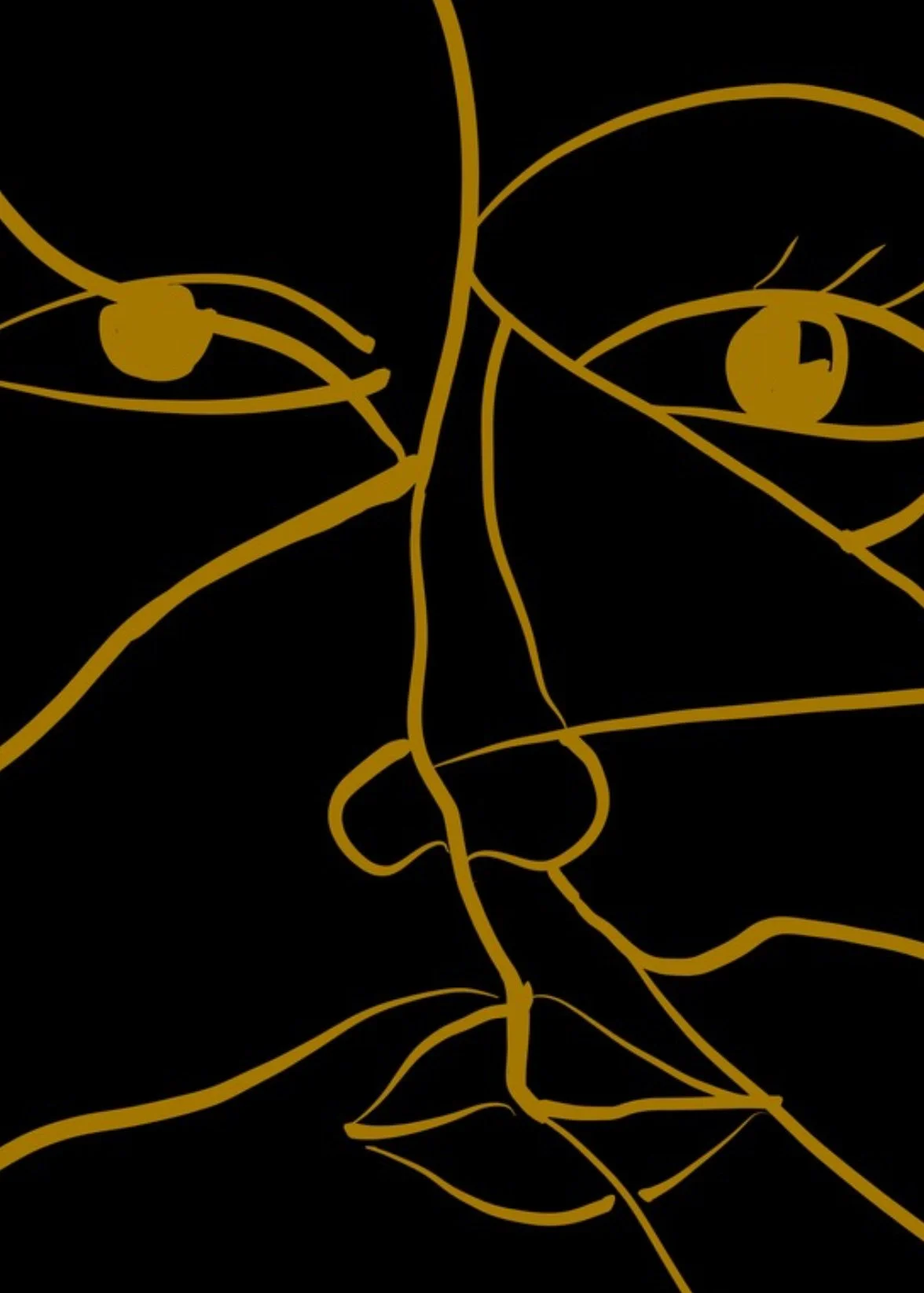 Ritratto minimalista di un volto umano stilizzato con linee dorate su sfondo nero, evidenziando gli occhi, il naso e le labbra.