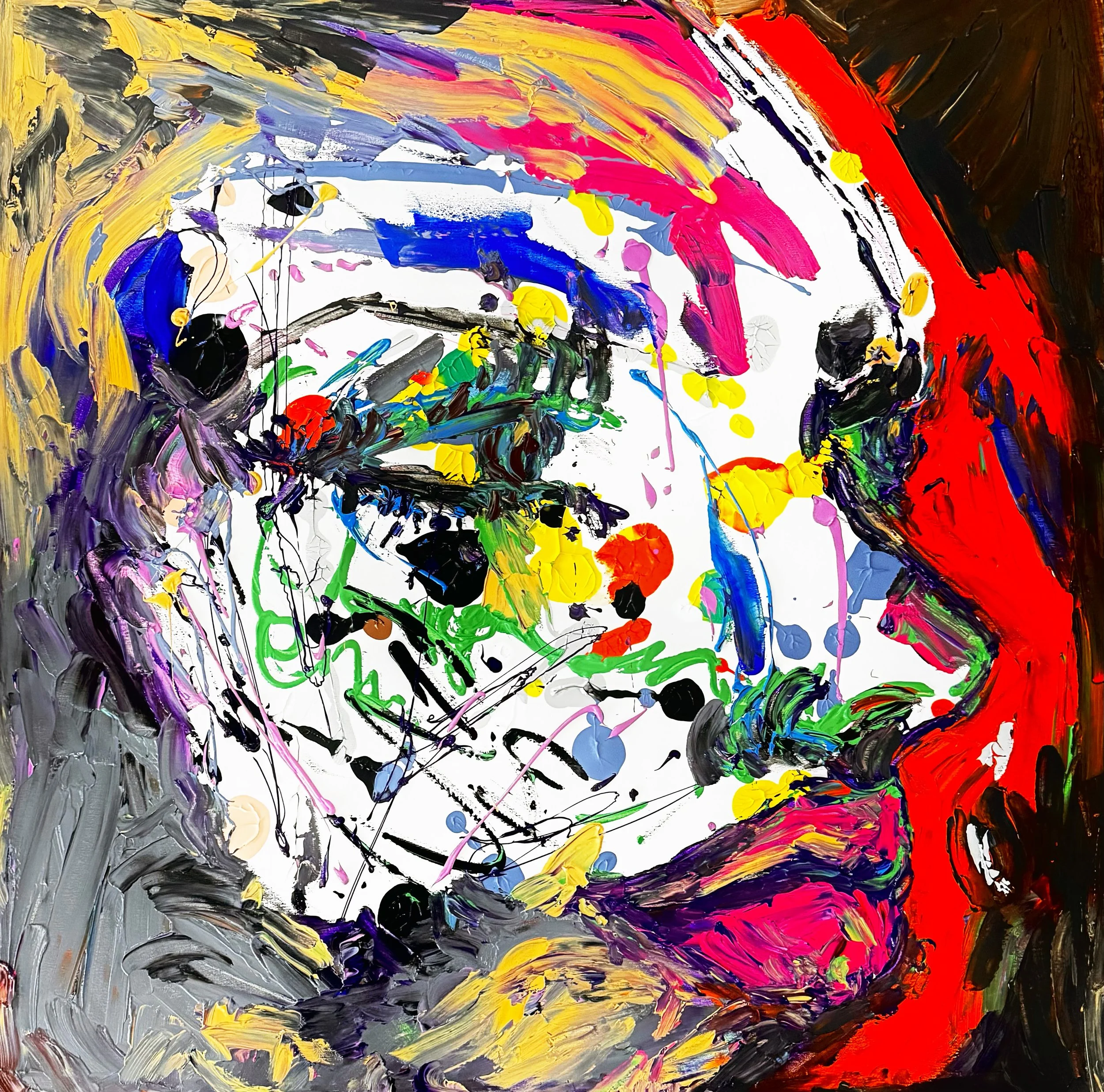 Un dipinto astratto con pennellate di colori vivaci come rosa, giallo, blu, nero, verde e rosso, creando un'immagine dinamica e caotica.