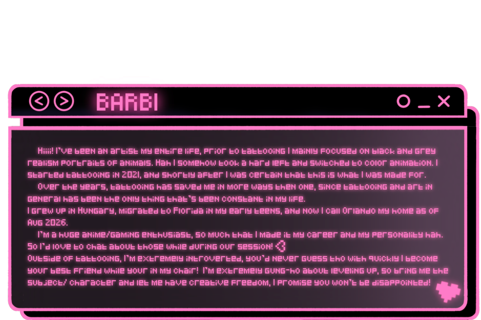 About Me profile graphic introducing Barbi, an Orlando anime tattoo and visual artist, with information about her art background, interests, and tattooing career.
