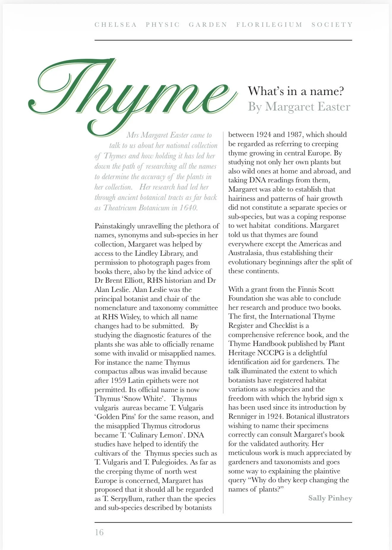 “Thyme, what’s in a name?” Article by Sally Pinhey. Autumn 2017