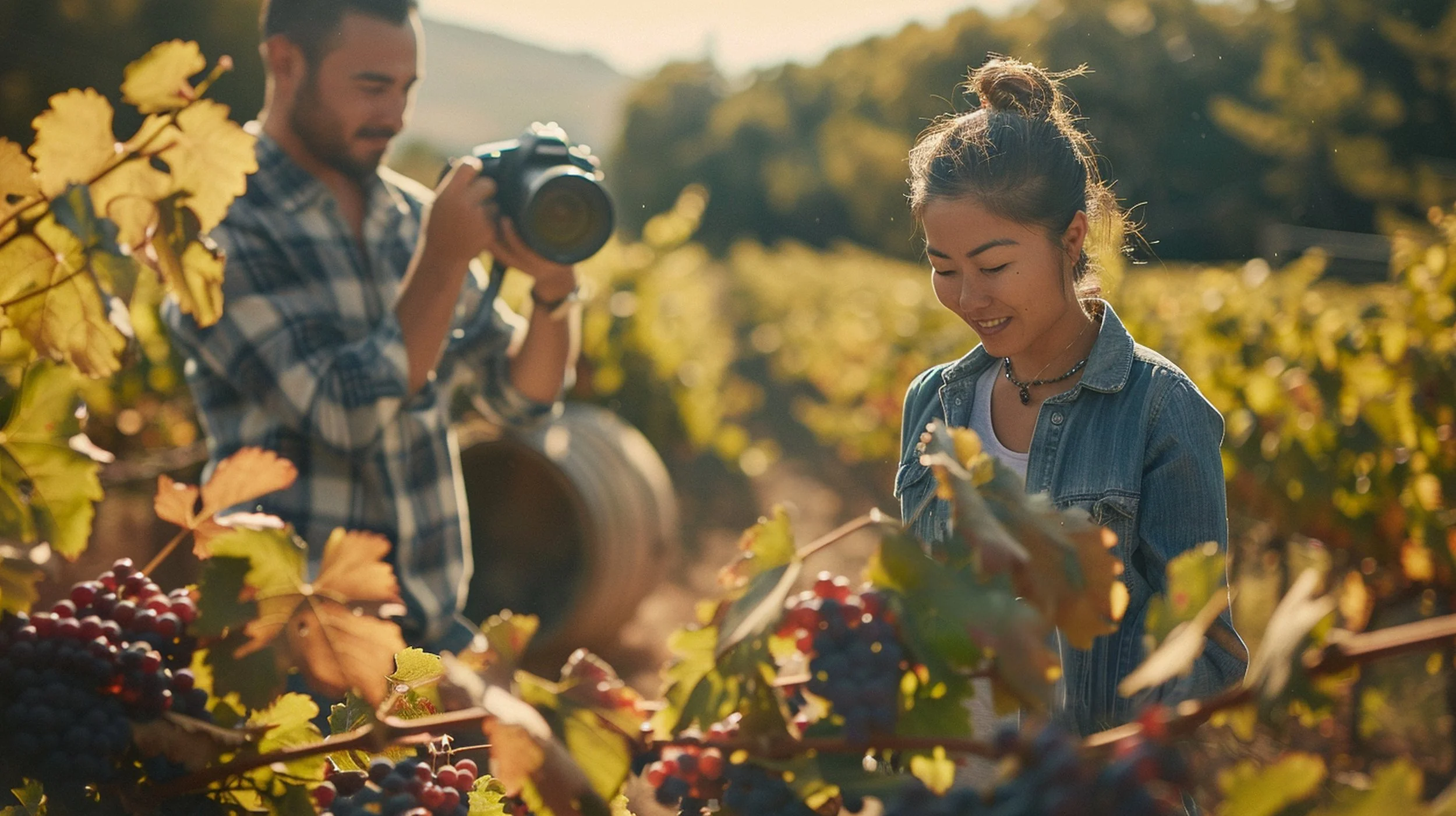 Une jeune femme souriante dans un vignoble à l'automne, alors qu'un homme la prend en photo, entourés de raisins et de feuilles colorées.