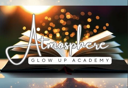 Open book with glowing light and bokeh background, with text 'Atmosphere Glow Up Academy' on the cover.