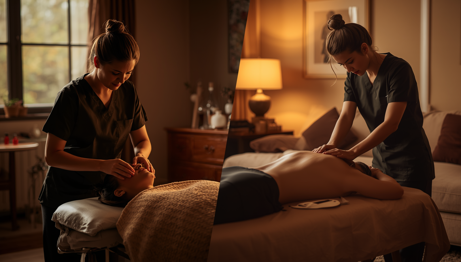 Side-by-side images of a massage therapist performing a facial on a woman in a spa setting, with warm, dim lighting and wooden furniture.