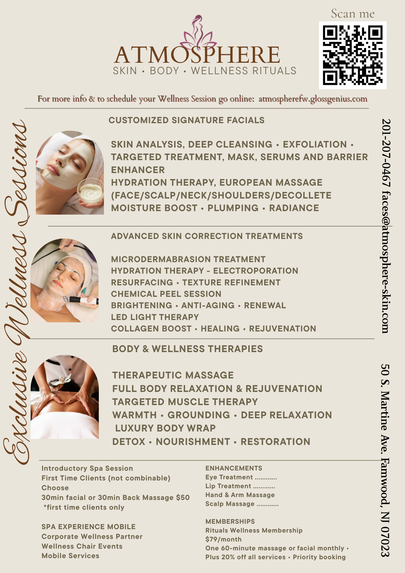 Spa menu with images of a woman receiving a facial and a woman receiving a massage, a QR code, and contact information for Atmosphere Skin & Body Wellness Rituals.