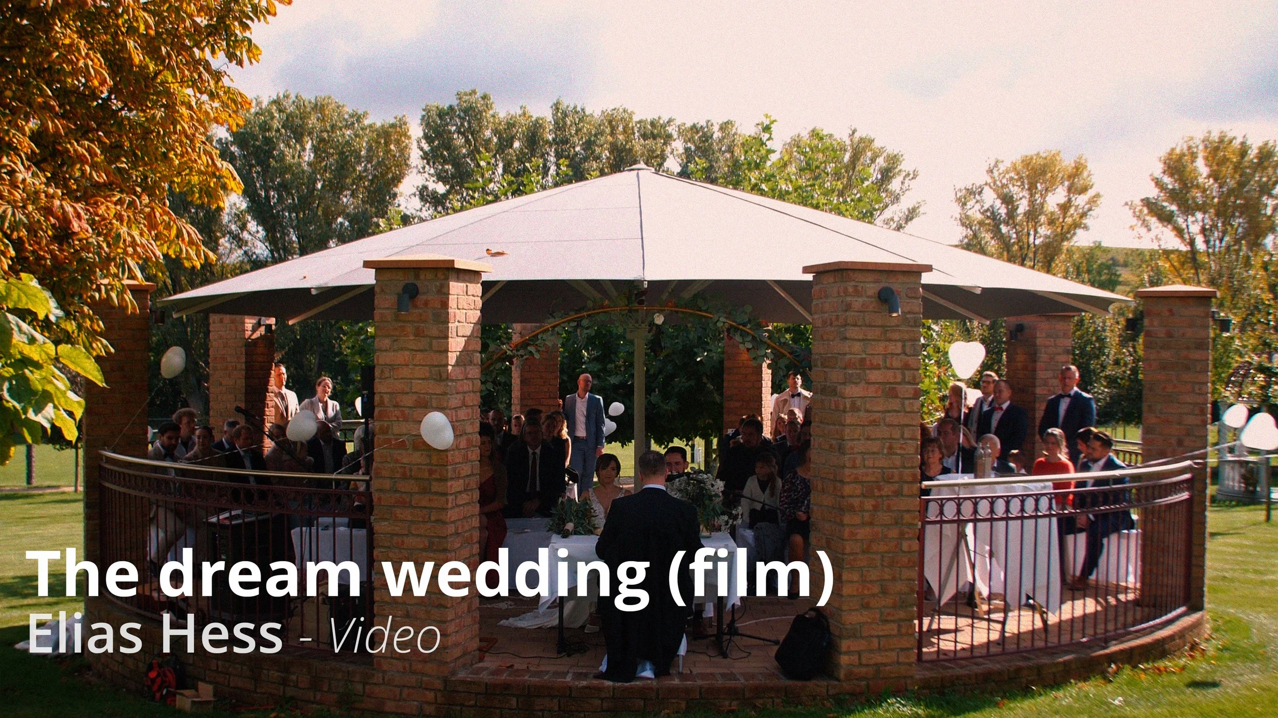Ein Außenort mit einer Gartenlaube, in der eine Gruppe von Menschen eine Hochzeit feiert, mit Dekorationen und Ballons, umgeben von Bäumen bei schönem Wetter.