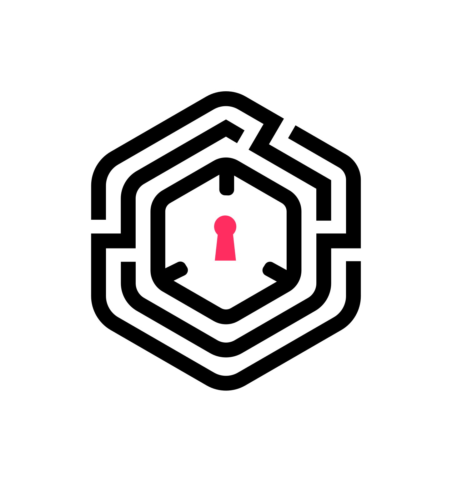 Icon representing cybersecurity or data security, featuring a black maze-like house outline with a pink keyhole in the center.