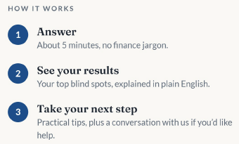 Step-by-step instructions on how a process works, with three points: 1. Answer in about 5 minutes using plain language. 2. View your results explained simply. 3. Take your next step with practical tips or help.