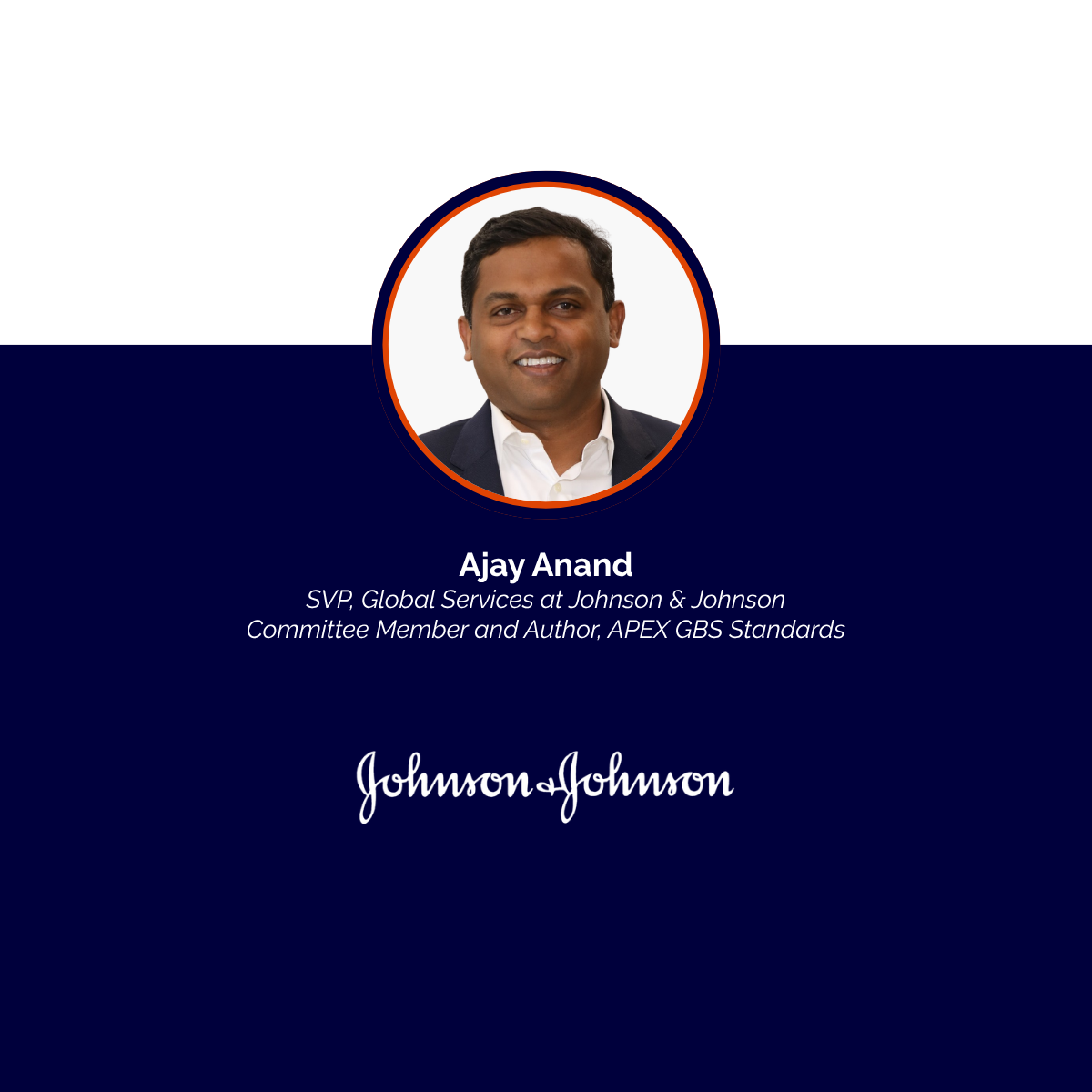 Business card featuring photo of Ajay Anand, SVP at Johnson & Johnson, with Johnson & Johnson logo, name, and title on a navy background