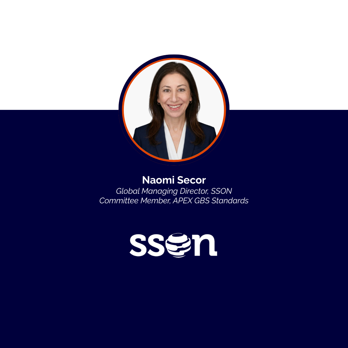 Portrait of Naomi Secor, a woman with dark brown hair, smiling, wearing a dark blazer and white blouse, against a background with a dark blue lower half and white upper half, with the SSON logo and her title and credentials below.