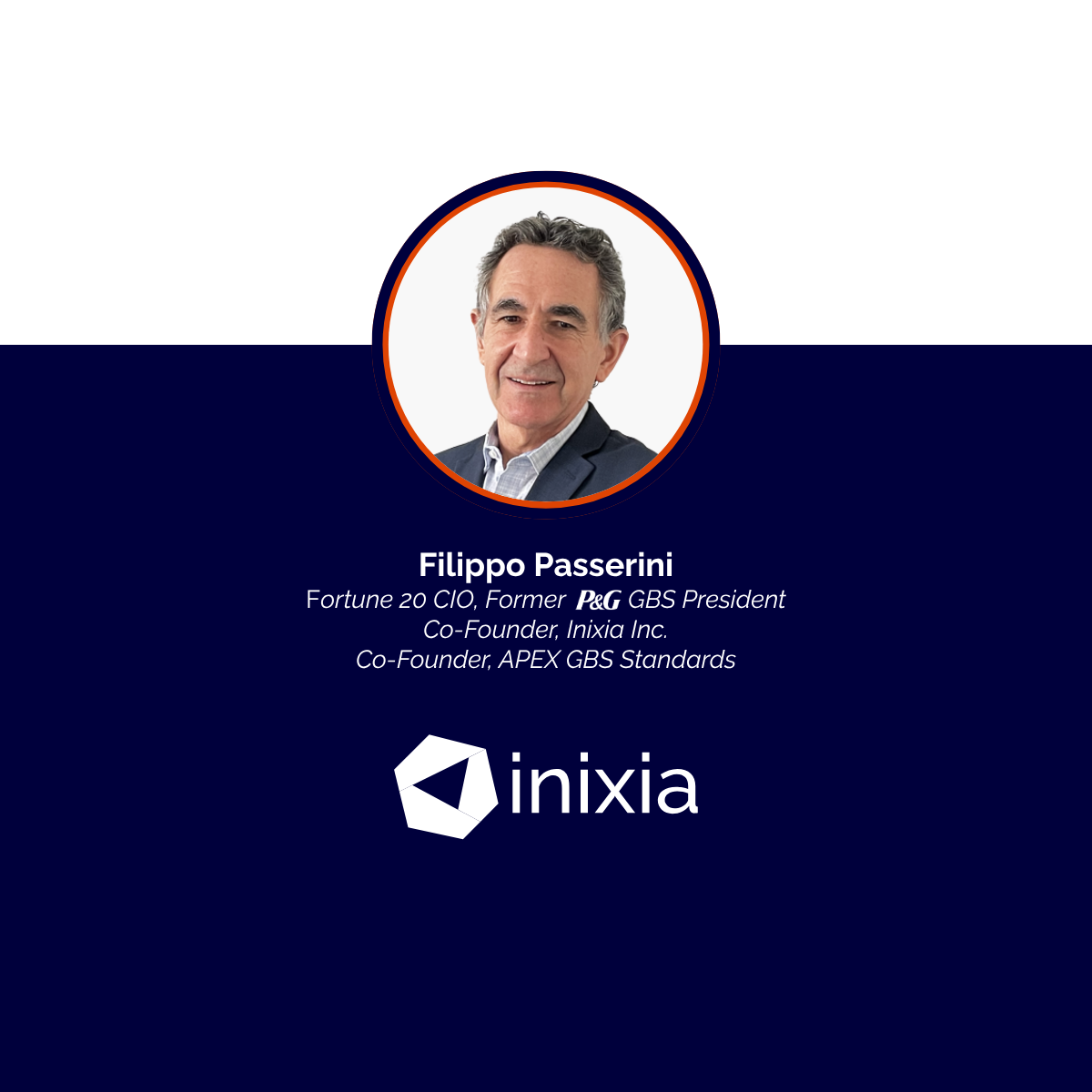 Business card featuring a photo of Filippo Passerini, a brief bio, and the Inixia logo with a dark blue background.