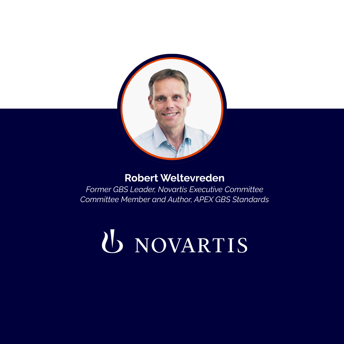 Business card featuring a photo of Robert Weltevreeden, highlighting his former roles with GBS and Novartis, and showcasing the Novartis logo.