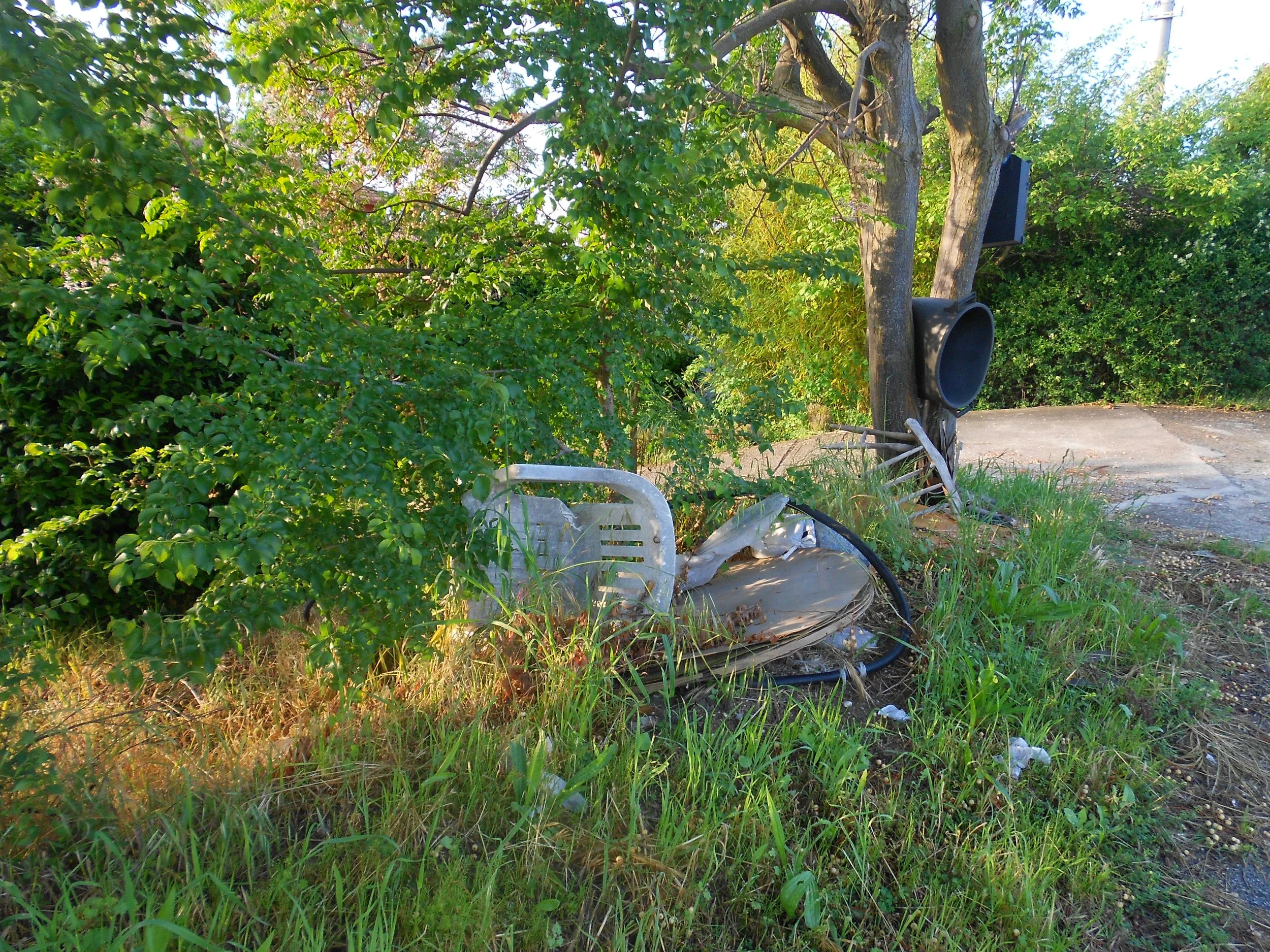 Débris et engins endommagés sous un arbre près d'une route, avec des branchages verts en arrière-plan.