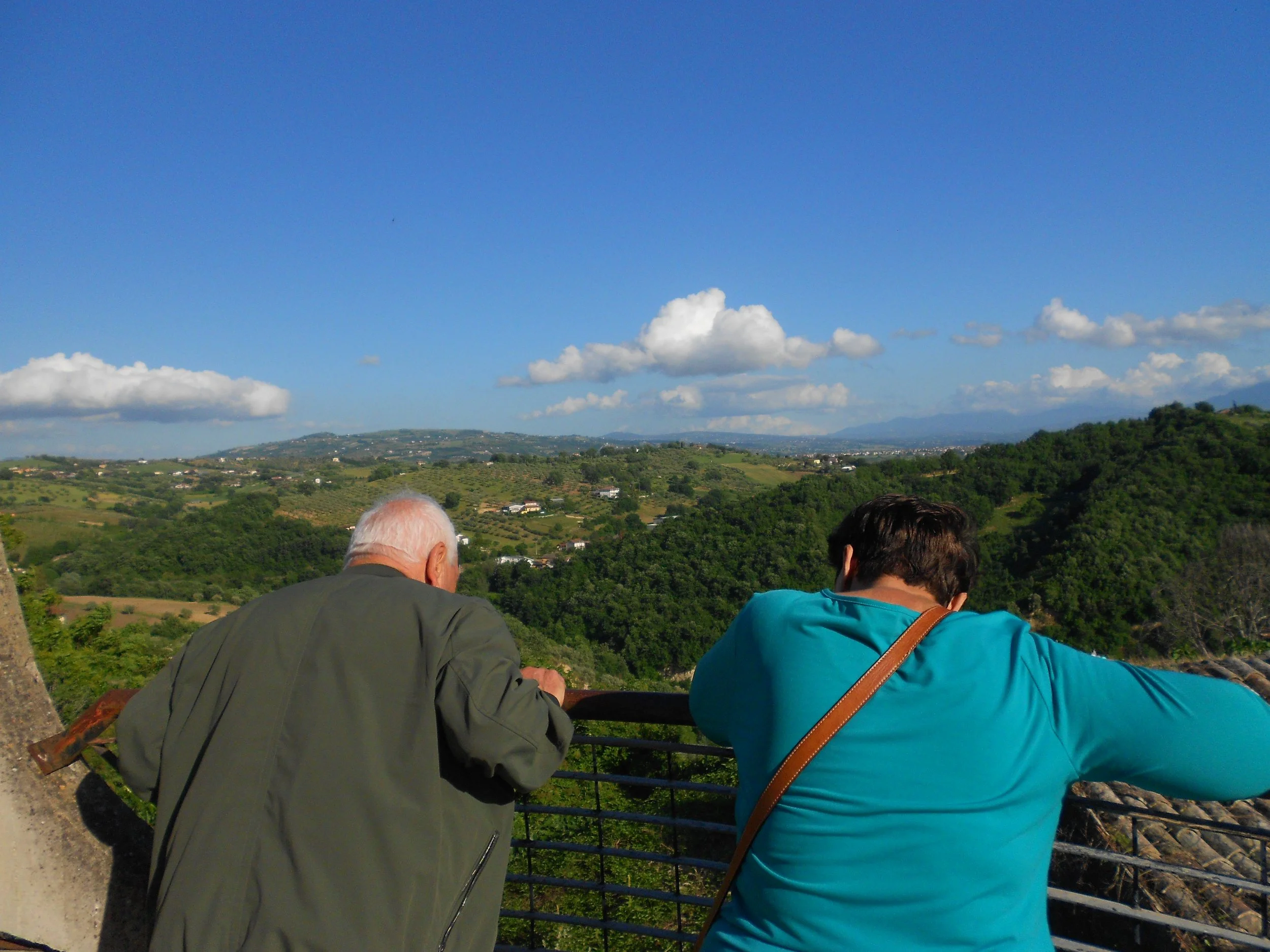 Deux personnes regardent la vue depuis une plateforme en haut d'une colline verdoyante sous un ciel bleu avec quelques nuages.