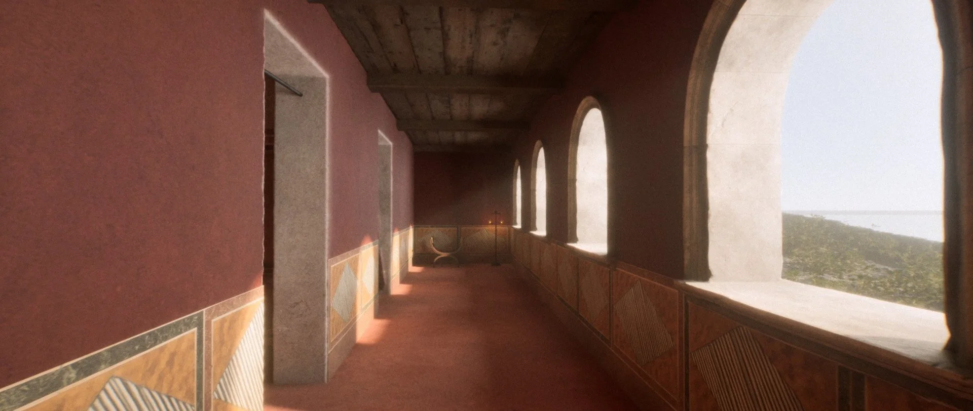 Pasillo interior con paredes de color rojo, ventanas arqueadas que muestran un paisaje natural, y una barandilla decorativa a lo largo del pasillo.