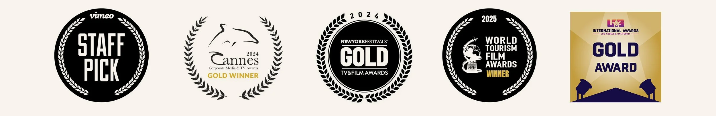 Six award badge logos in a row, each with a black and gold color scheme, including categories like staff pick, Cannes gold winner, New York Festivals gold, World Tourism Film Awards winner, and gold award for an international festival.