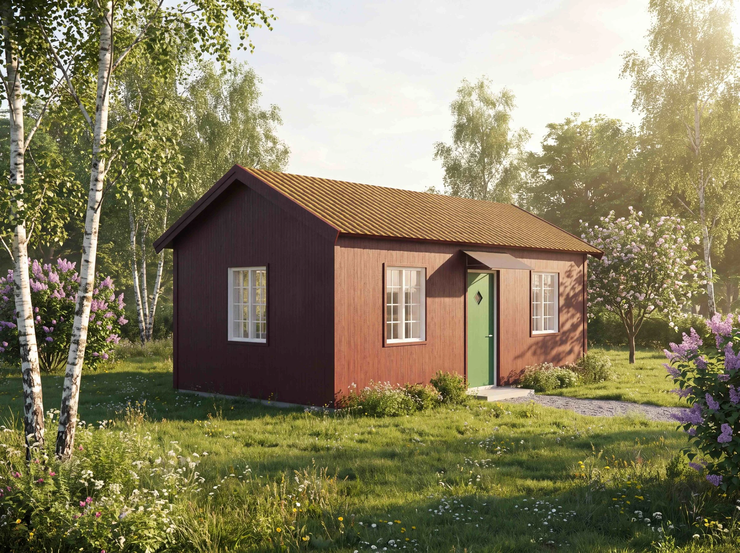 Ett litet hus med mörkbrun träpanel och grönt ytterdörr, omgiven av gröna träd och blommor på en solig dag.